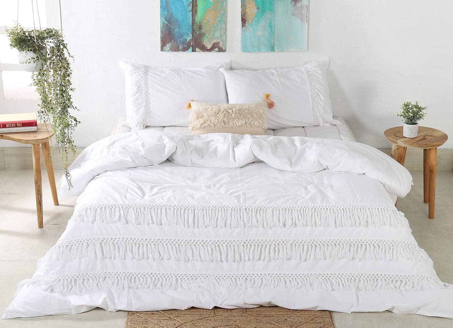 Madhu International Cotton Tassel Duvet Cover - Made 100% Cotton – Fringed Duvet and Pillow Cover Set of 3 - Luxury Boho Beddings - UO Comforter Cover Quilt - White, 90 inches x 90 inches
