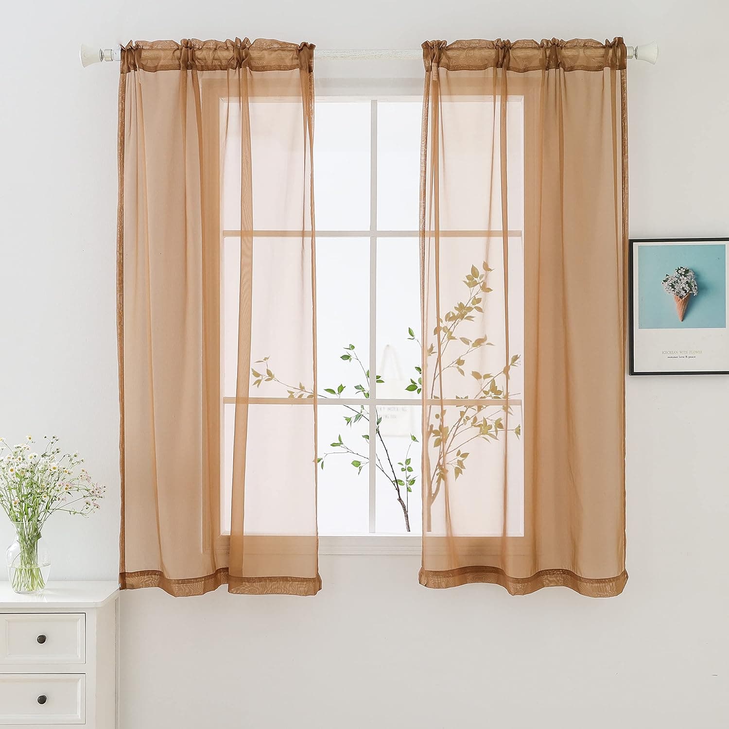 bestselected Window Brown Sheer Curtains, W42 x L36 Inches Each 2 Panels Sheer Curtain Basic Rod Pocket Panel for Bedroom Children Living Room Yard Kitchen (W42 x L36, Brown)