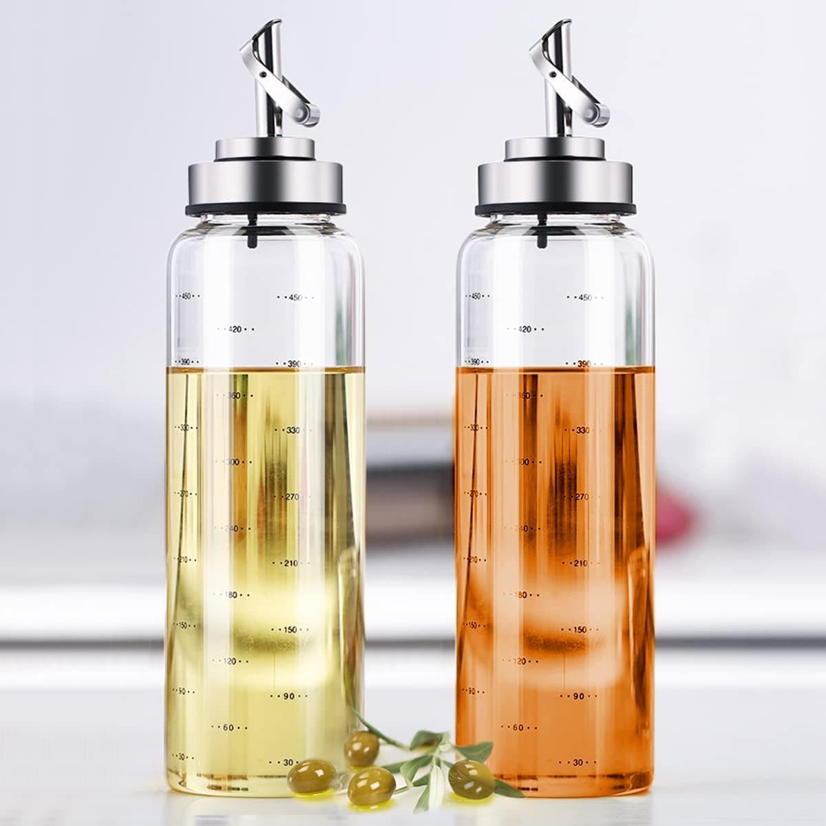 Glass Oil Dispenser Bottle 2 Pack,17 oz Kitchen Oil and Vinegar Dispenser Set,No Drip,Auto Flip,Clear Olive Oil Cruet with Degree Scale,Pouring Spout Liquid Container for Cooking Oil,Soy Sauce