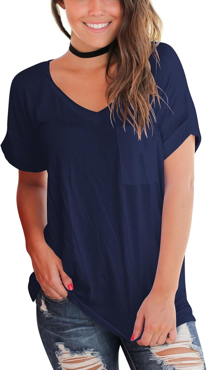 YS.DAMAI Women's Summer Basic Tee Tops Casual Loose Short Sleeve T Shirt with Front Pocket(Dark Blue, 2XL)