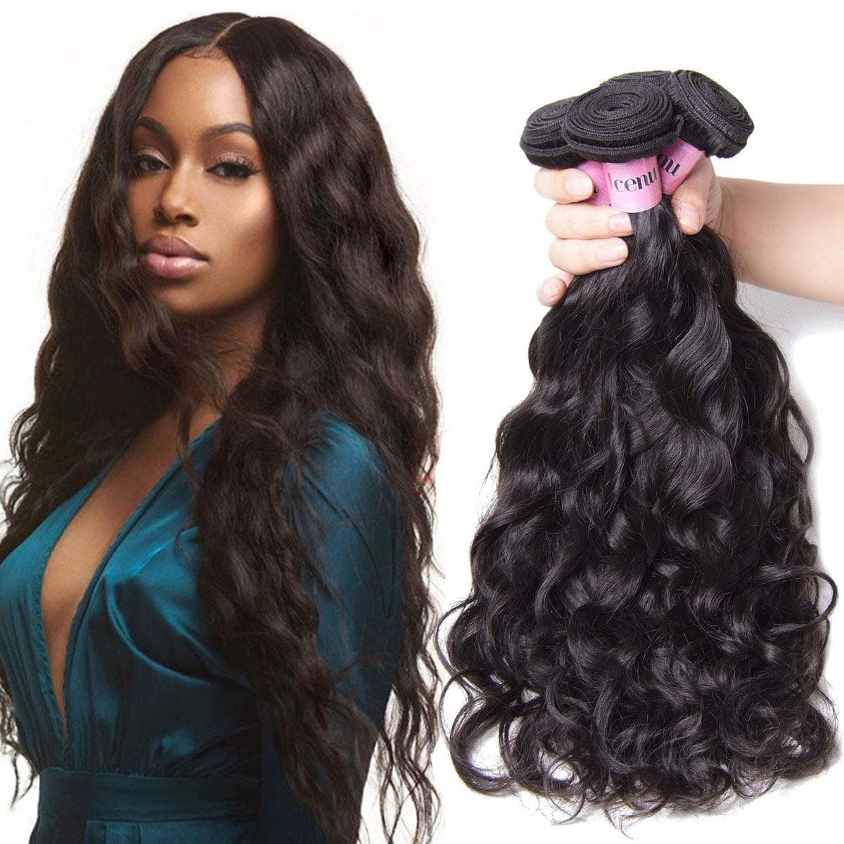 UNice Hair Peruvian Natural Wave 3 Bundles with 4x4 Free Part Lace Closure 100% Unprocessed Virgin Human Hair Weave Extensions (14 14 14+12 closure)