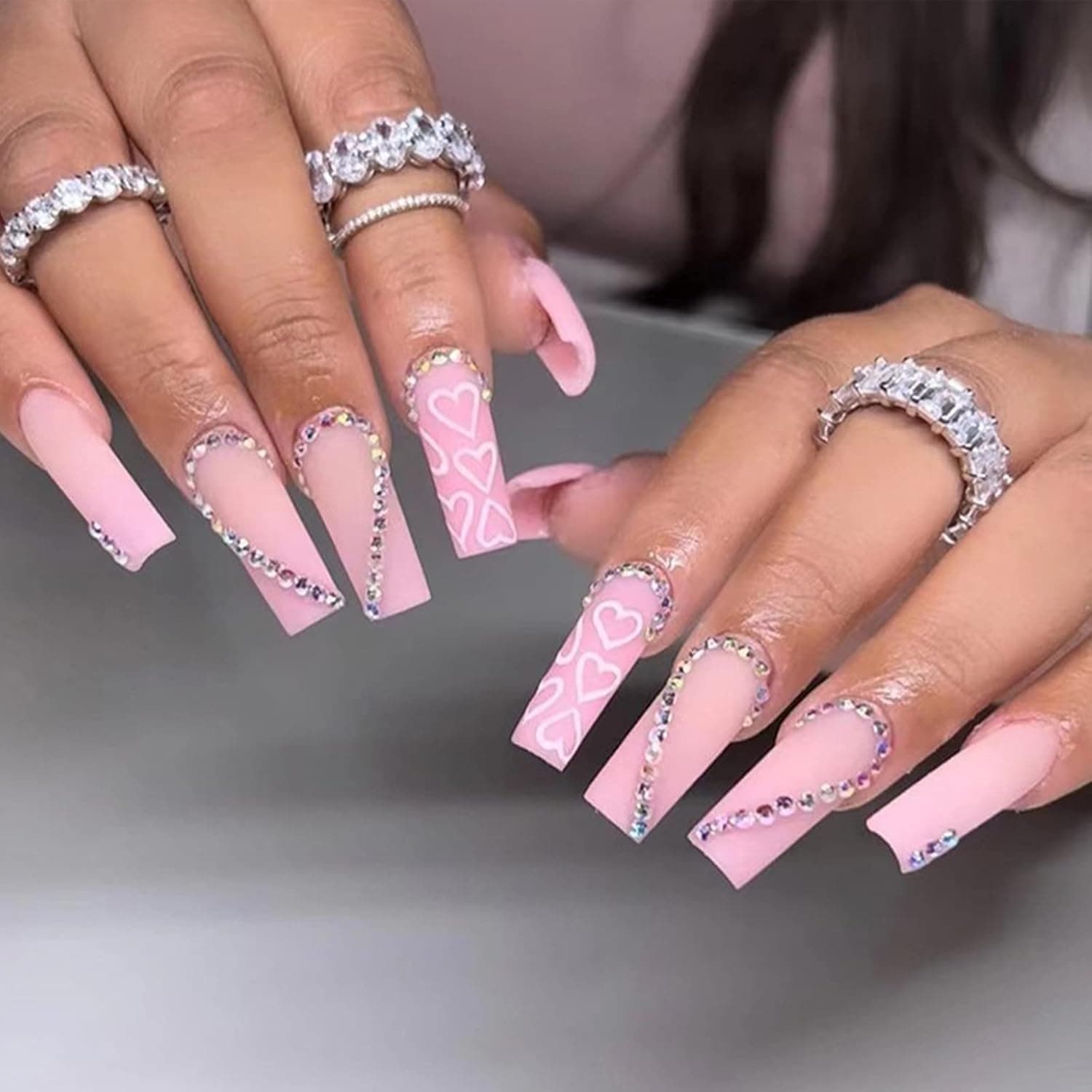 YOSOMK Pink Press on Nails Long with Designs Matte Heart Glitter False Fake Nails Acrylic Nails Press On Artificial Nails for Women Stick on Nails With Glue on nails