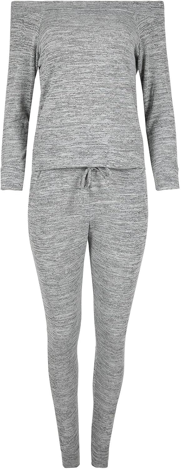 Oops Outlet Women's Off Shoulder Tracksuit Bardot Marl Knit Jog Suit Loungewear