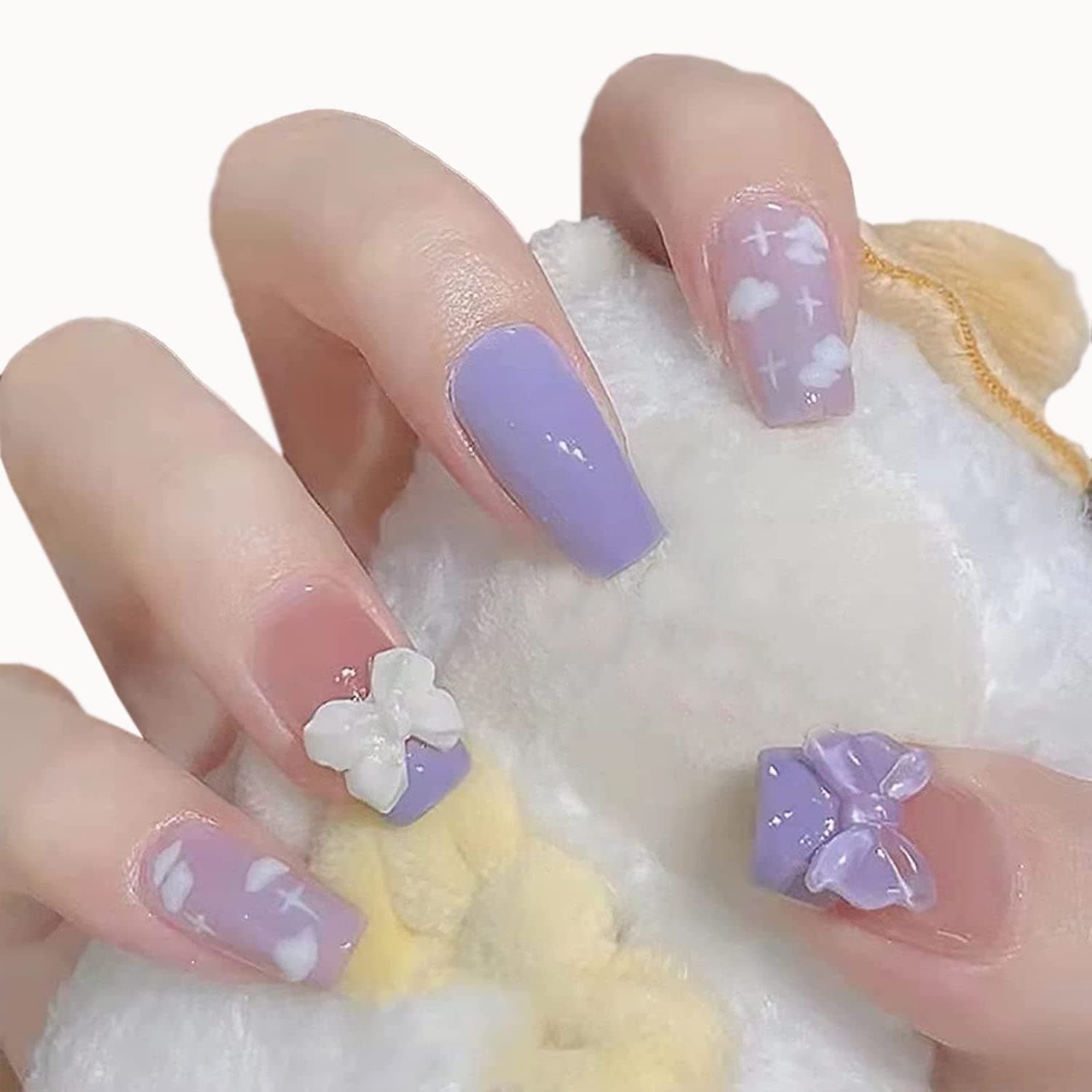 MISUD Short Press on Nails, Square Fake Nails, Glossy Squoval False Nails, Cute Bow Glue on Nails with Designs for Women and Girls