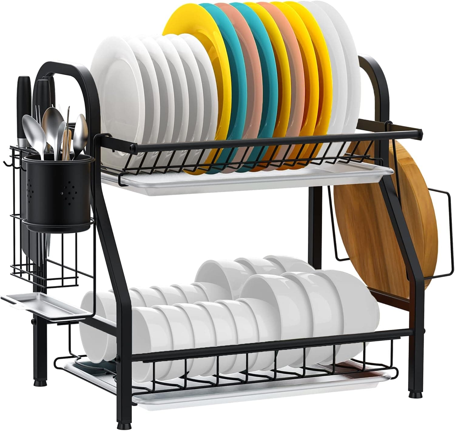 MERRYBOX Dish Drying Rack, 2 Tier Stainless Steel Plate Dish Rack Drainboard Set with 3 Trays, Utensil Holder, Cutting Board Holder, Anti-Rust Dish Drainer for Kitchen Counter Space Saving