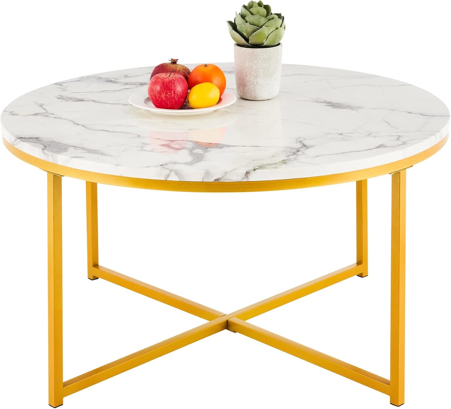 VONLUCE 36" Modern Round Coffee Table with Faux Marble Top, Mid-Century Cocktail Table with Metal Frame, Accent Table for Living Rooms Bedrooms Entryways Decor and More, White Marble and Gold