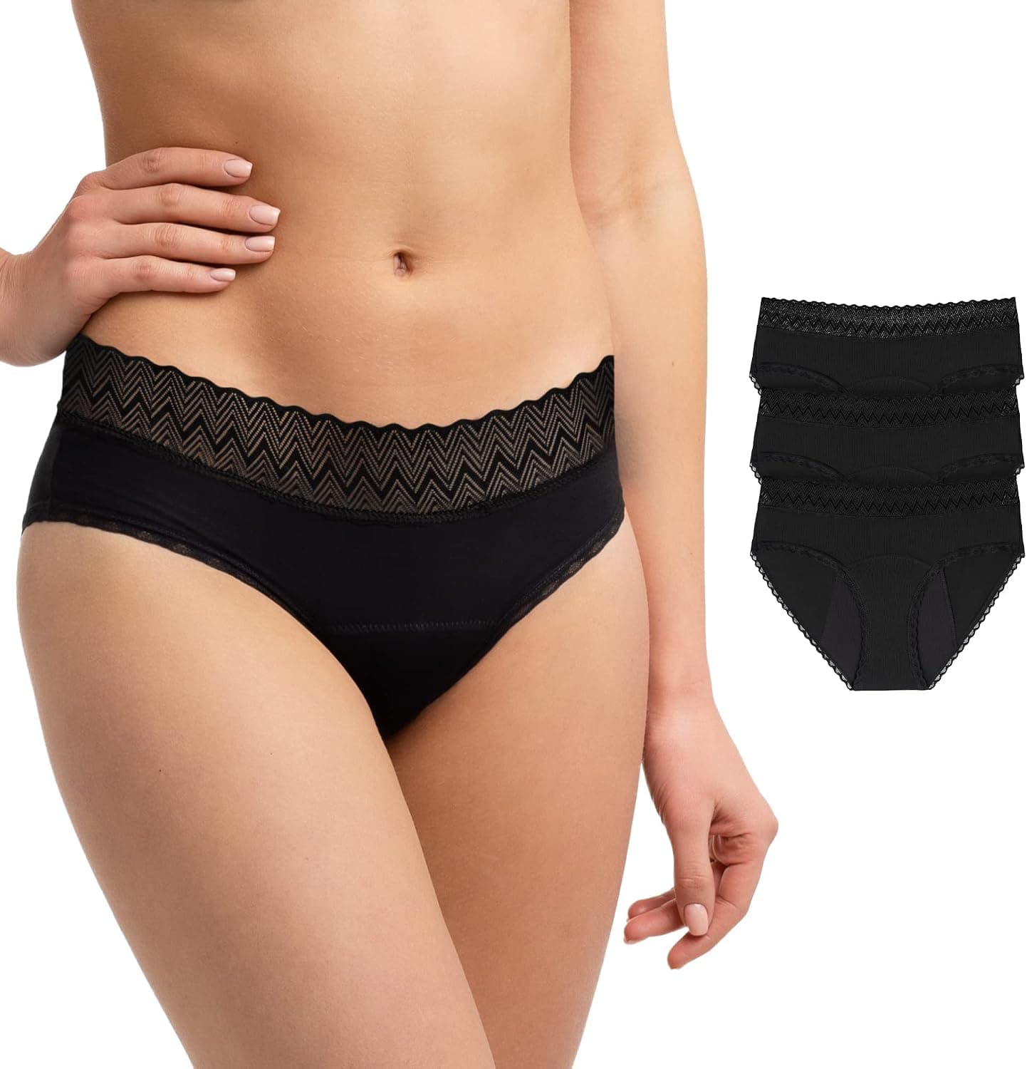 Pack of 3 Womens Period Underwear - Black Organic Fabric - Clean, Absorbant, and Washable - Black, S