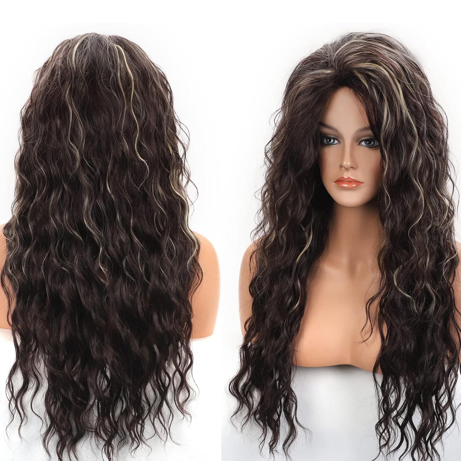 Fencca Dark Brown with Blonde Highlight Curly Long Wigs for Women Heat Synthetic Wig Brown Loose Curls Free Part Puffy Wig