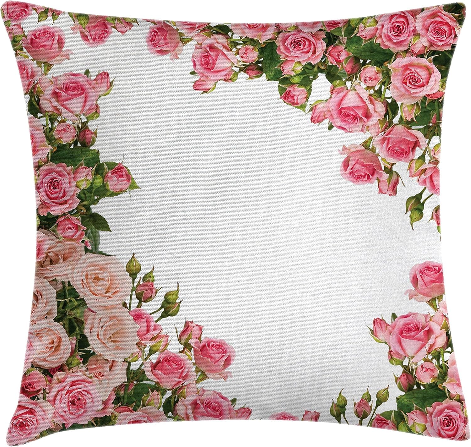 Ambesonne Rose Throw Pillow Cushion Cover, Rose Bushes Frame with Bridal Themed Elements Park Summer Occasions Illustration, Decorative Square Accent Pillow Case, 20" X 20", Green White