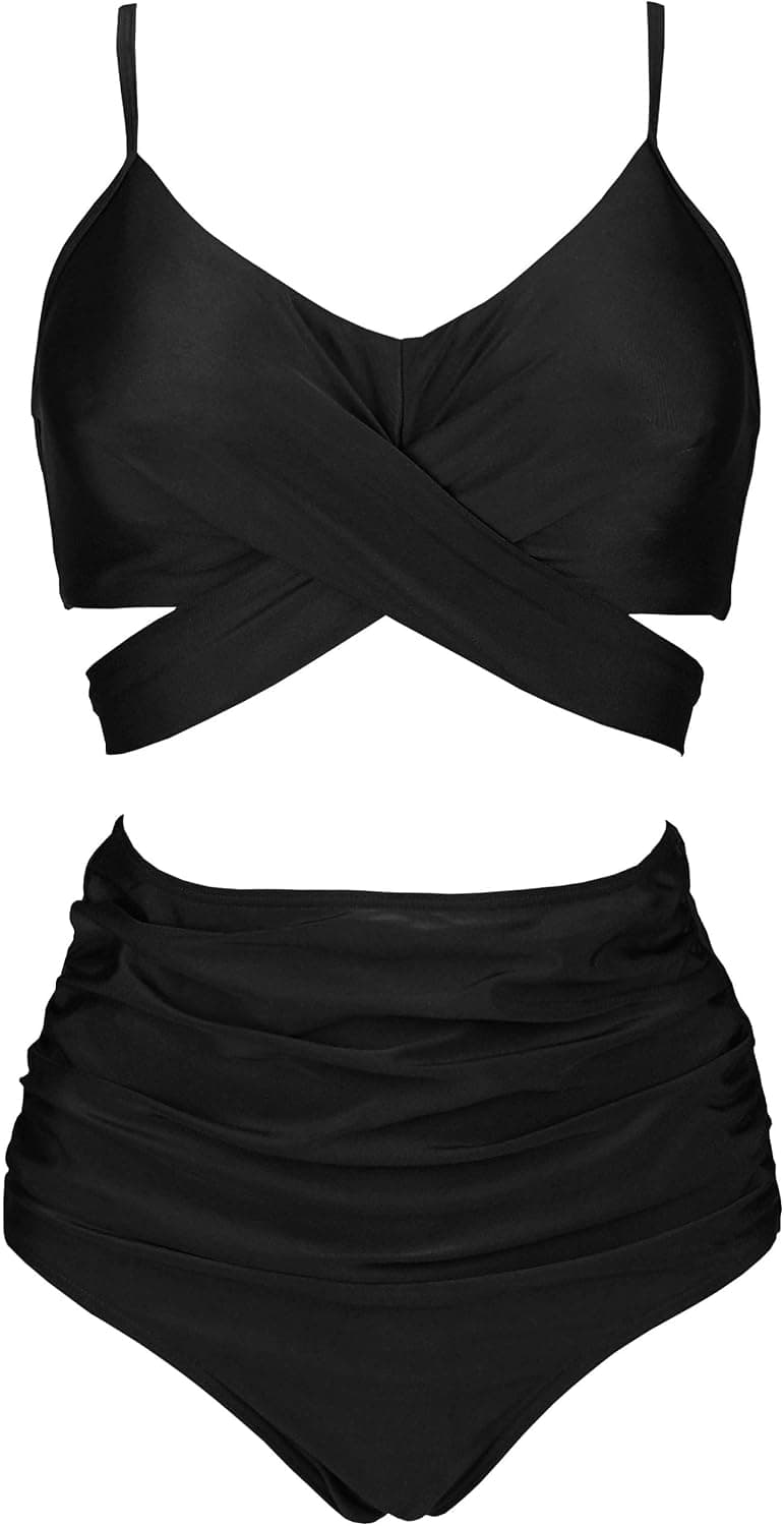 COCOSHIP Women's Ruching High Waist Bikini Set Cross Wrap Push Up Top Tie Back Bathing Swimsuit(FBA)