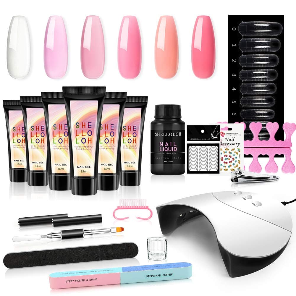 Shelloloh Poly Extension Gel Kit with 36W Nail Lamp 6 Colors Builder Nail Polish Gel Nail Extension Enhancement Kit Slip Solution Nail Art Decorations Manicure Tools Fast Building 15ml