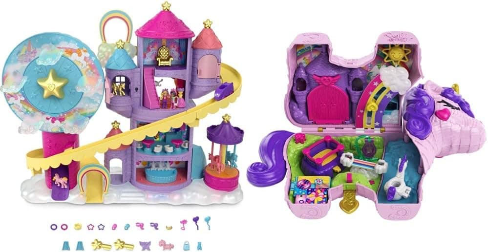 Polly Pocket Rainbow Funland Theme Park, 3 Rides & Unicorn Party Large Compact Playset with Micro Polly & Lila Dolls, 25+ Surprises to Discover & Fun Princess Party Play Areas
