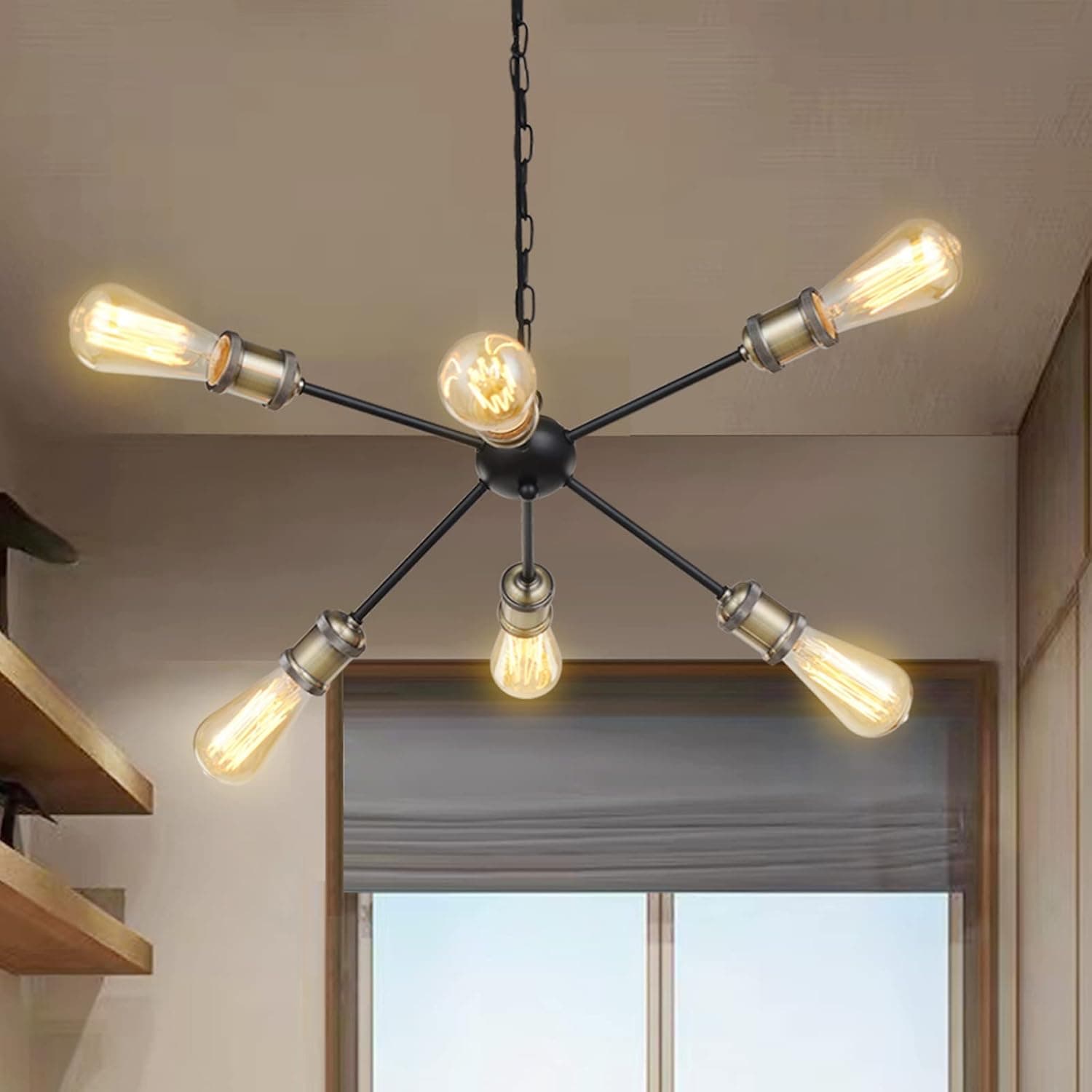 KARMIQI Farmhouse Sputnik Chandelier, 6 Lights Black Industrial Pendant Light Fixtures, Vintage Ceiling Hanging Lighting with Adjustable Chain for Dining Room Living Room Kitchen