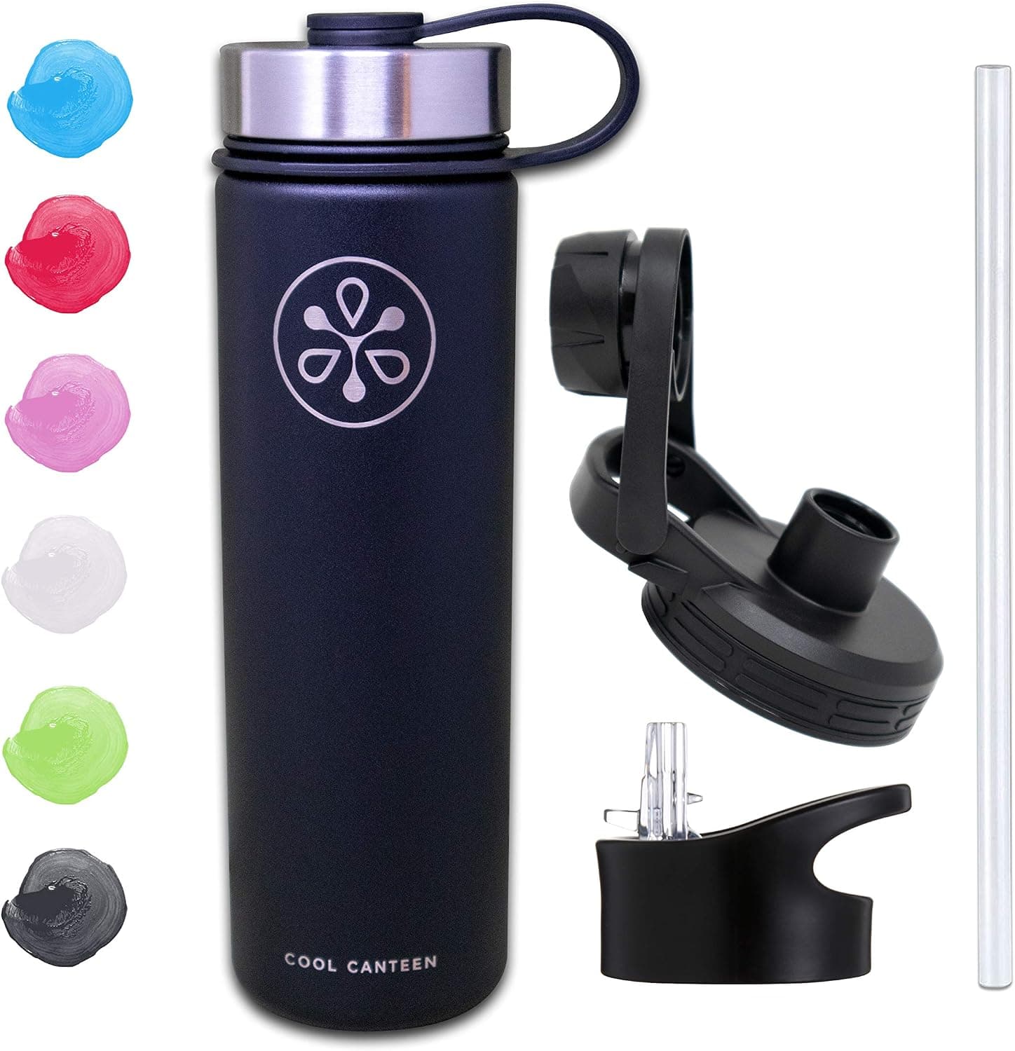 Cool Canteen - Insulated Water Bottle w/ Straw Lid (22oz, 32oz, 40oz) - Stainless Steel Sports Flask - Wide Mouth Double Walled - Three Lids - Multiple Color Options