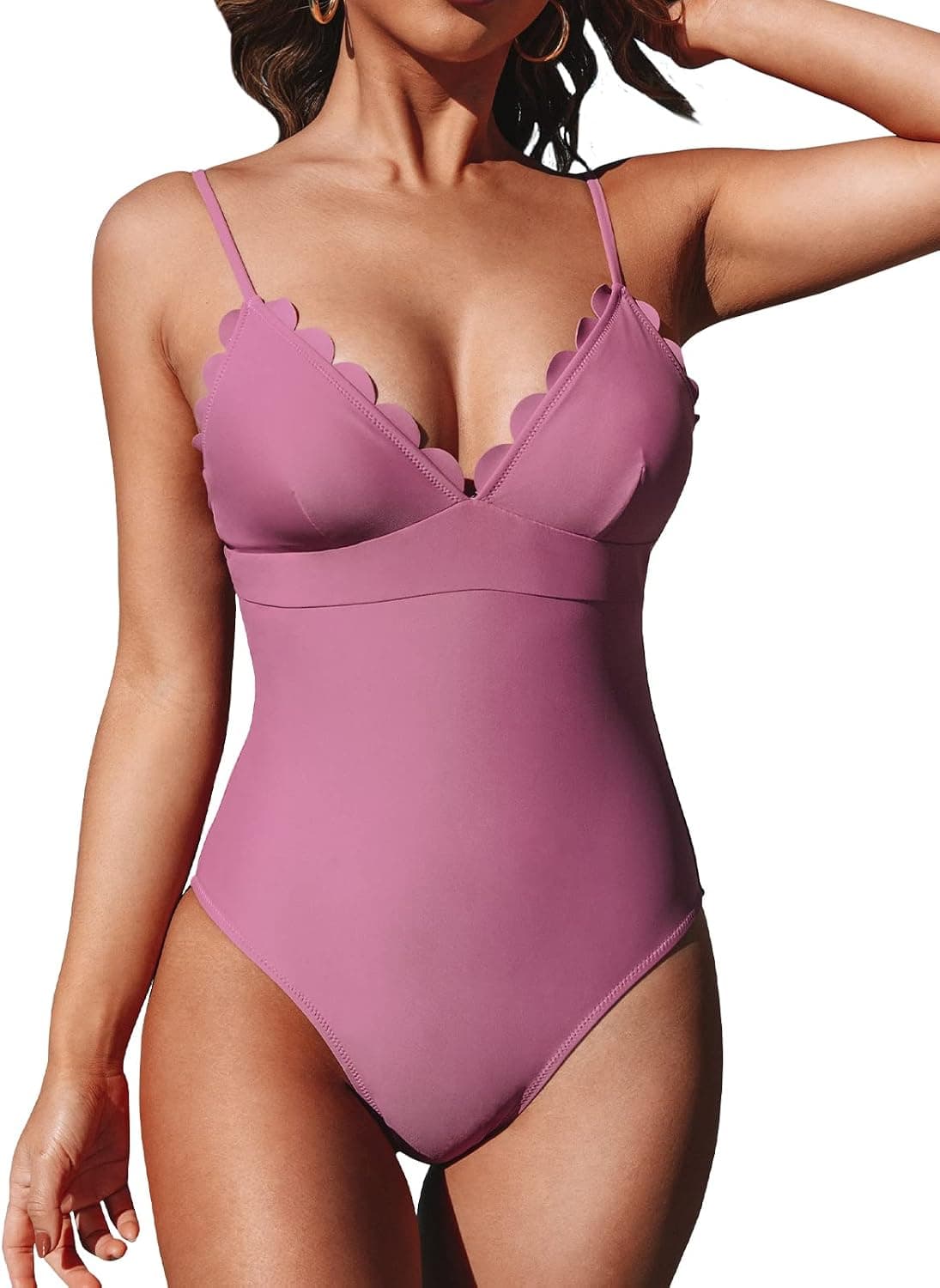 CUPSHE Women's One Piece Swimsuit Green Scallop V Neck Bathing Suit