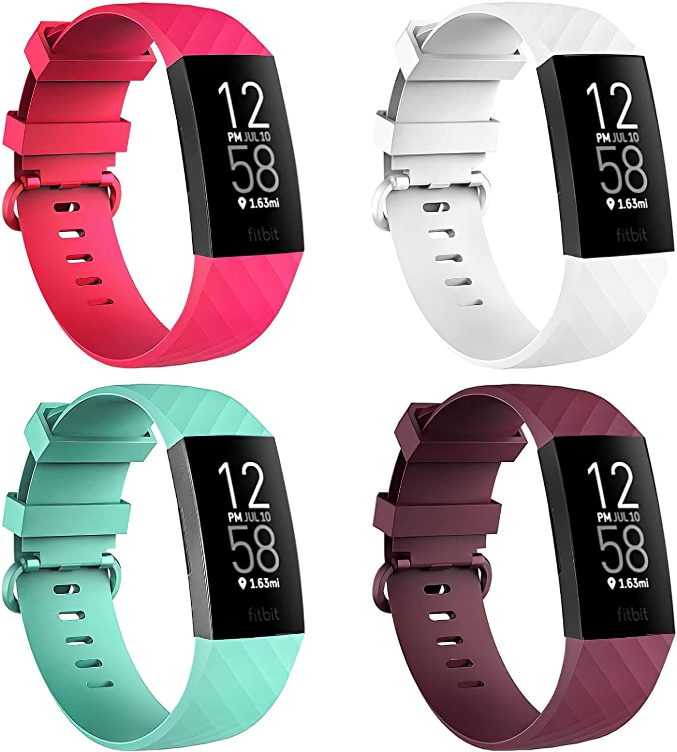 4 Pack Bands for Fitbit Charge 4/ Fitbit Charge 3/ Charge3 SE, Soft Waterproof Replacement Wristbands for Women Men Small Large (Hot Pink/Aquamarine/White/Sangria, L: for 7.1"-8.7" Wrist)