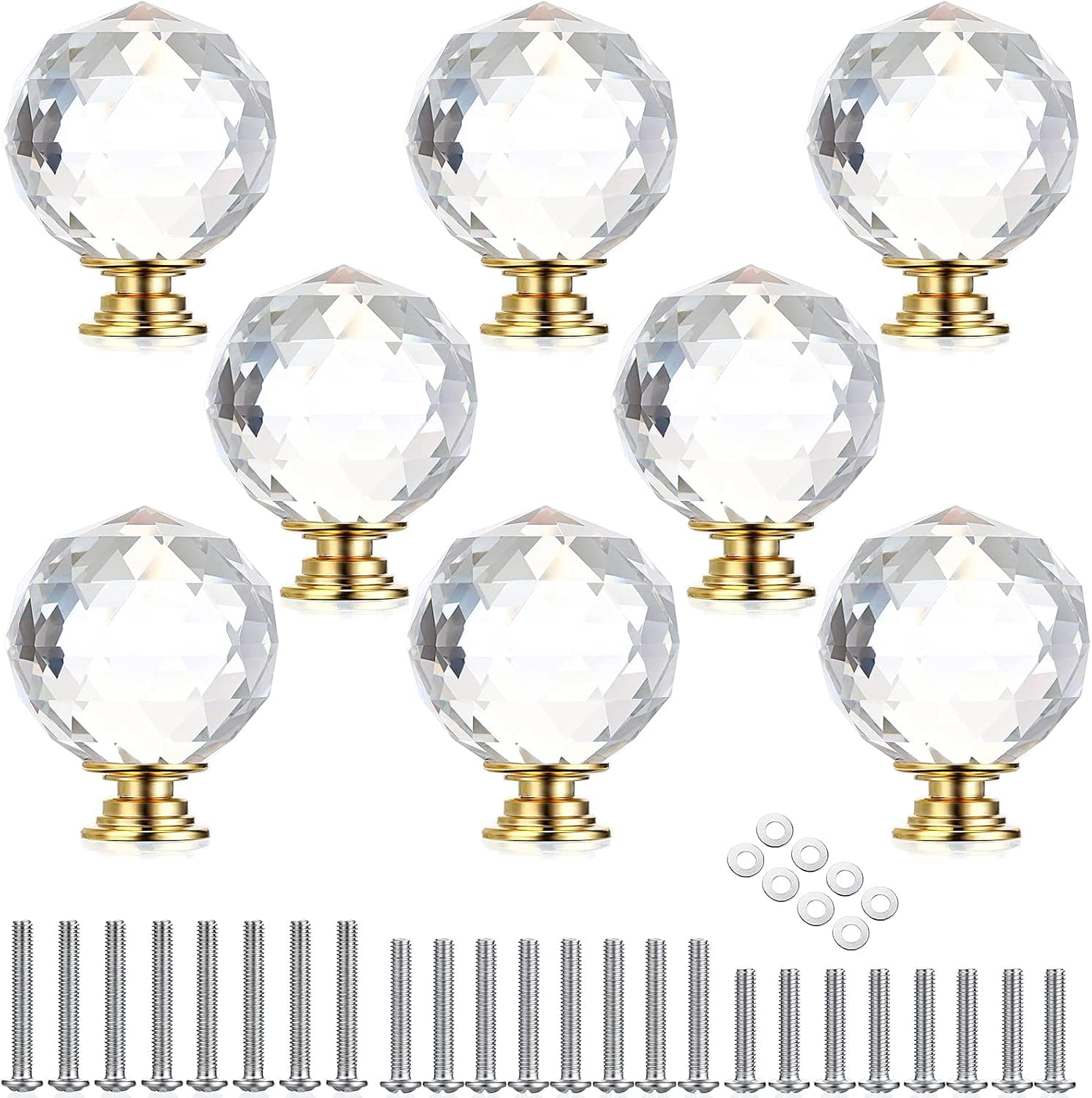 JUXYES 8 Pack 40mm Crystal Cabinet Drawer Knobs, Clear Round Diamond Glass Handle Decorative Drawer Knobs Modern Cupboard Door Handle Knobs for Dresser Drawer Cabinet Closet