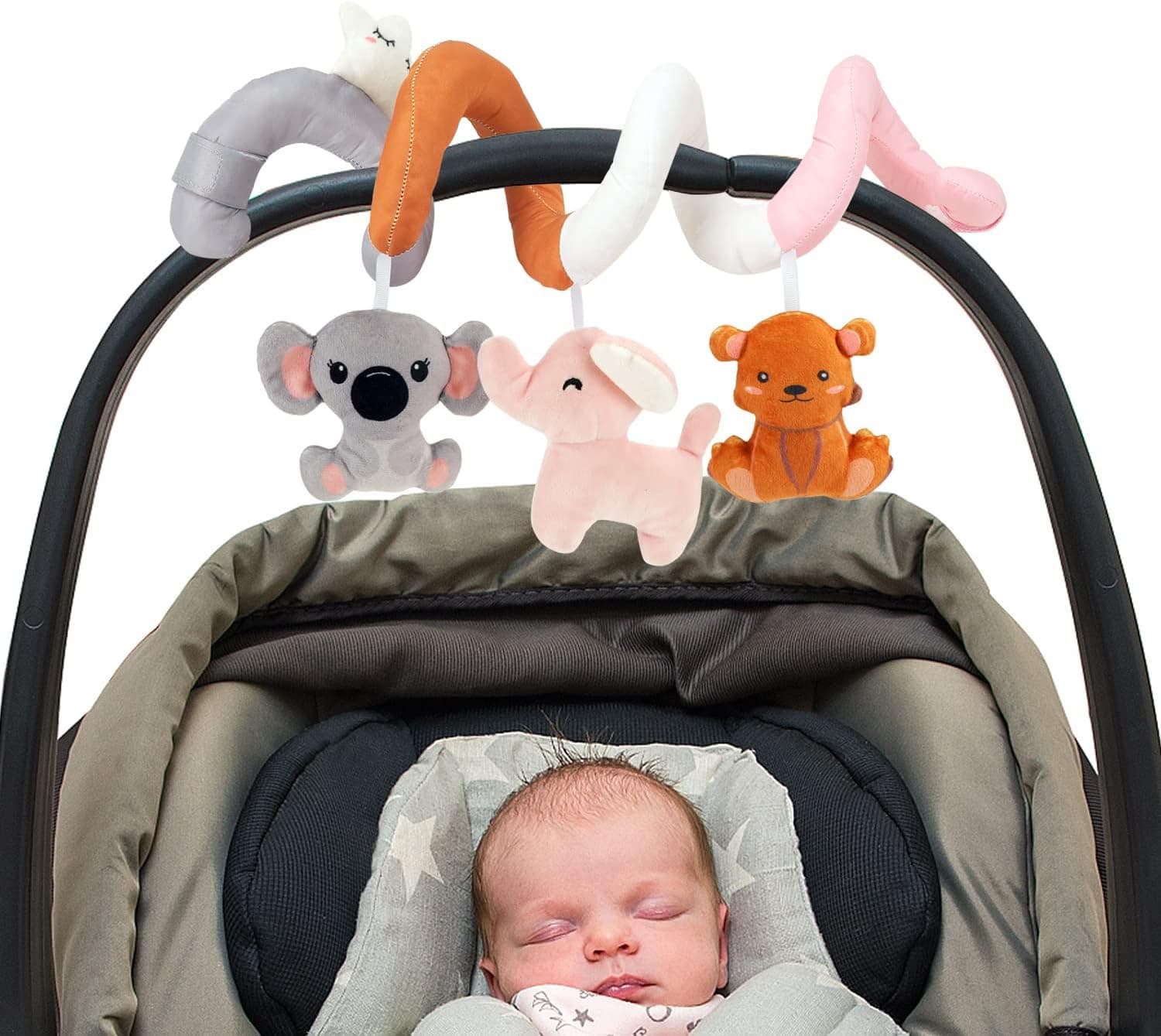 FEISIKE Car Seat Toy, Infant Stroller Toy with Bell & Beep, Spiral Hanging Toy for Sensory Exploration and Engagements, 0 and up, Animals
