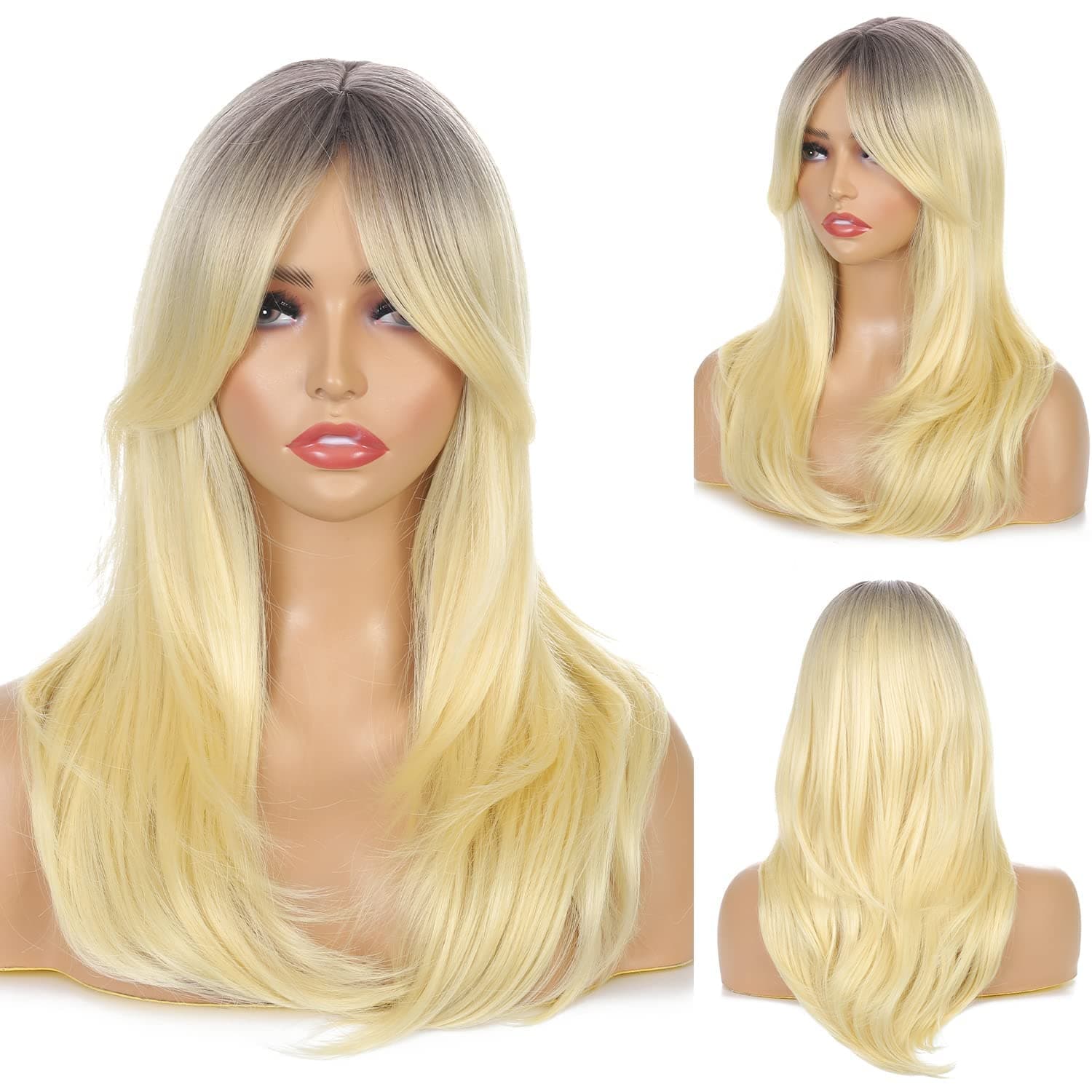 Luoleina Long Blonde Wigs for Women with Bang, Synthetic Layered Hair Shoulder-Length with Dark Root Heat Resistant Fibre Medium Length Wig for Daily (Blonde)