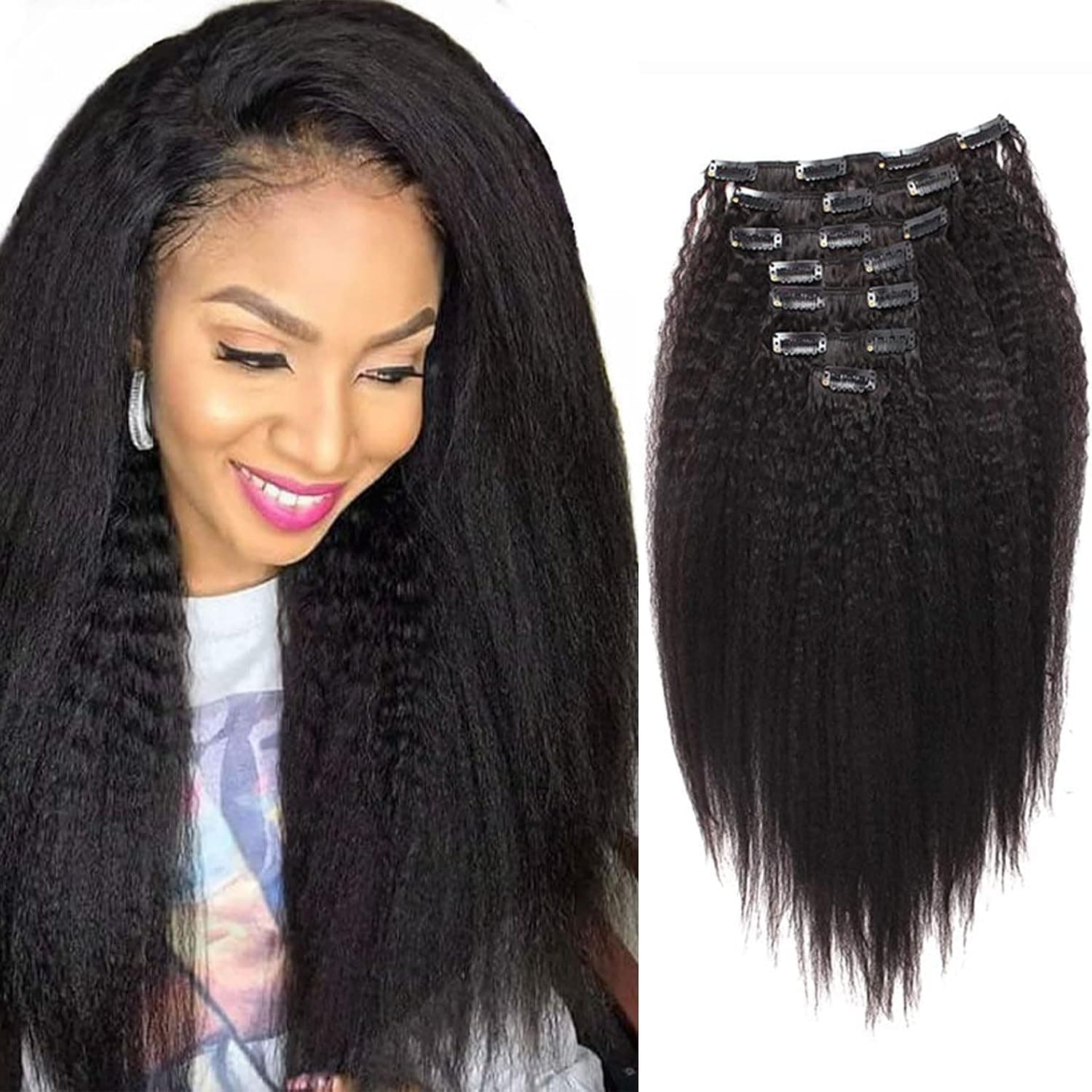 Sassina Afro Kinky Straight Clip in Human Hair Extensions Virgin Brazilian 9A African American Straight Clip on Hair For Black Women 120Grams 7 Pieces-Set, KS 16 Inch