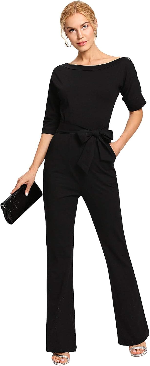 Milumia Women Short Sleeves Button Belted High Waist Boat Neck Jumpsuits Rompers
