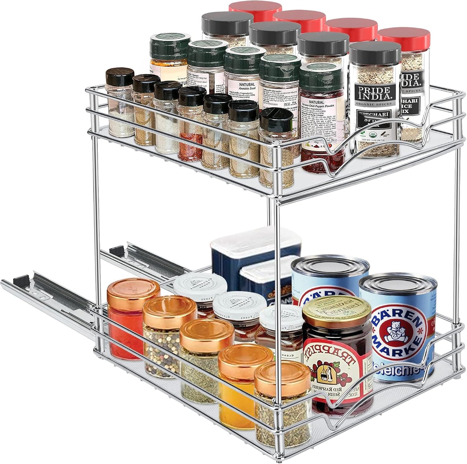 Uoxfill Pull Out Spice Rack Organizer for Cabinet - 2 Tier Sliding Vertical Spice rack, 9 Inch Wide Slide Out Spice Rack Fits 9.3 Inch Wide Cabinet, Chrome