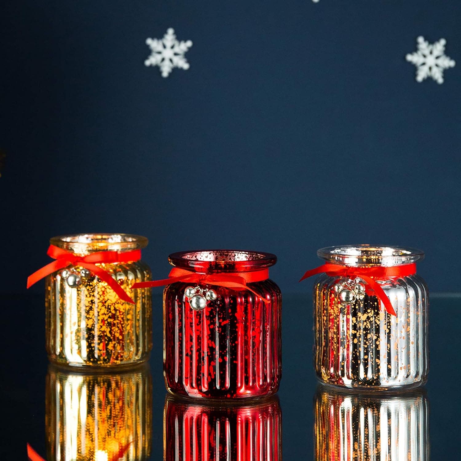 Diamond Star Christmas Votive Candle Holders Mercury Glass Tealight Candle Holder Set of 3 for Home Table Centerpieces (Silver+Red+Gold)