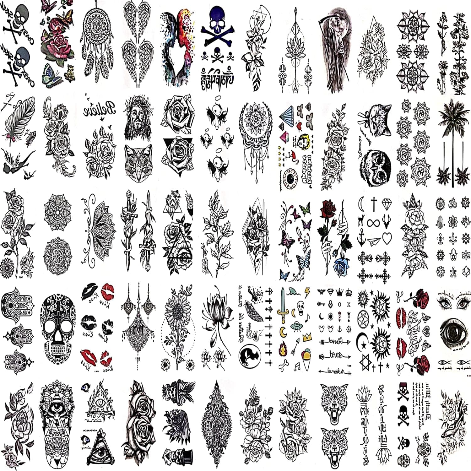 60 sheets temporary tattoo fake tattoos waterproof and long lasting, butterfly rose moon sugar skull mix and match style small arm thigh children's tattoos, suitable for children girls adult men and women
