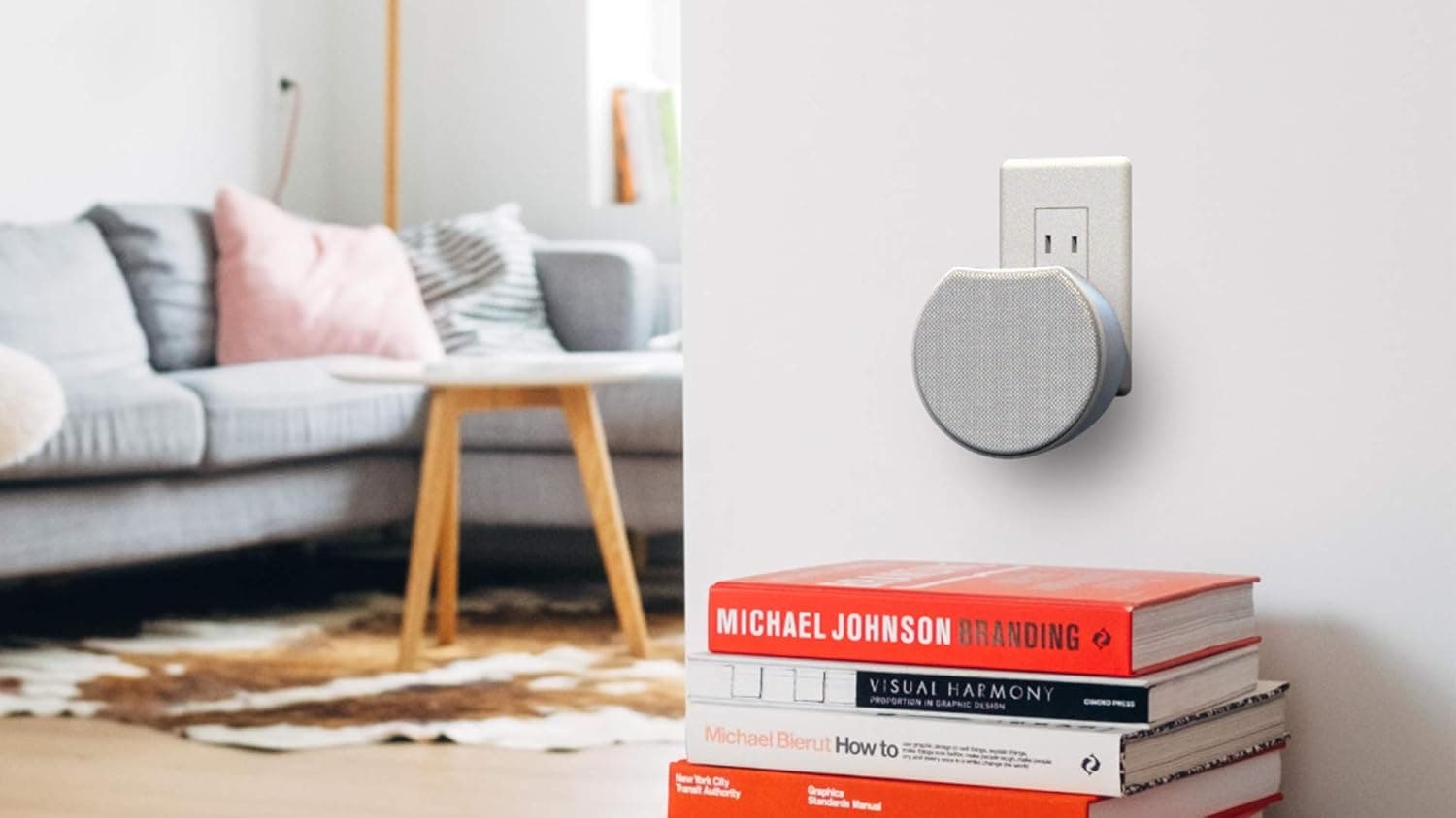 OC Acoustic Newport Plug-in Outlet Speaker with Bluetooth 5.1 and Built-in USB Type-A Charging Port (Light Gray/White)