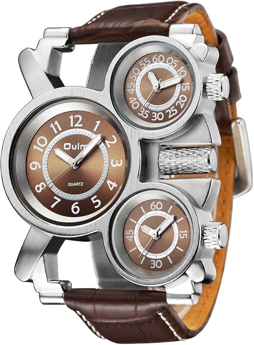 FIZILI Mens Big Face Unique Military Watch - Three Brown Analog Dials, Japan Quartz & Genuine Strap