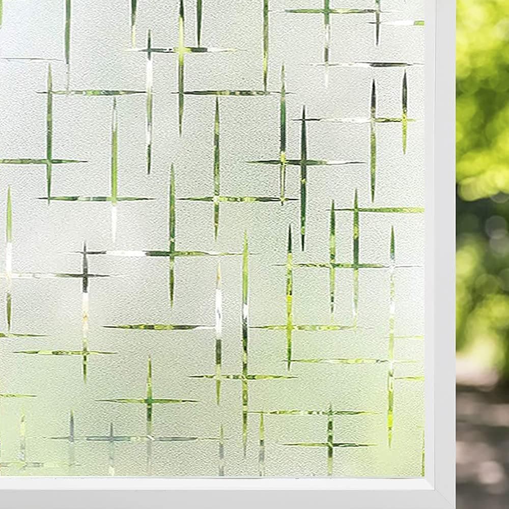 NINETREX Frosted Window Privacy Film,Window Cling Privacy Film, Decorative Glass Static Cling Non-Adhesive Vinyl Removable for Home Office Cross Pattern,35.4 x 78.7Inches