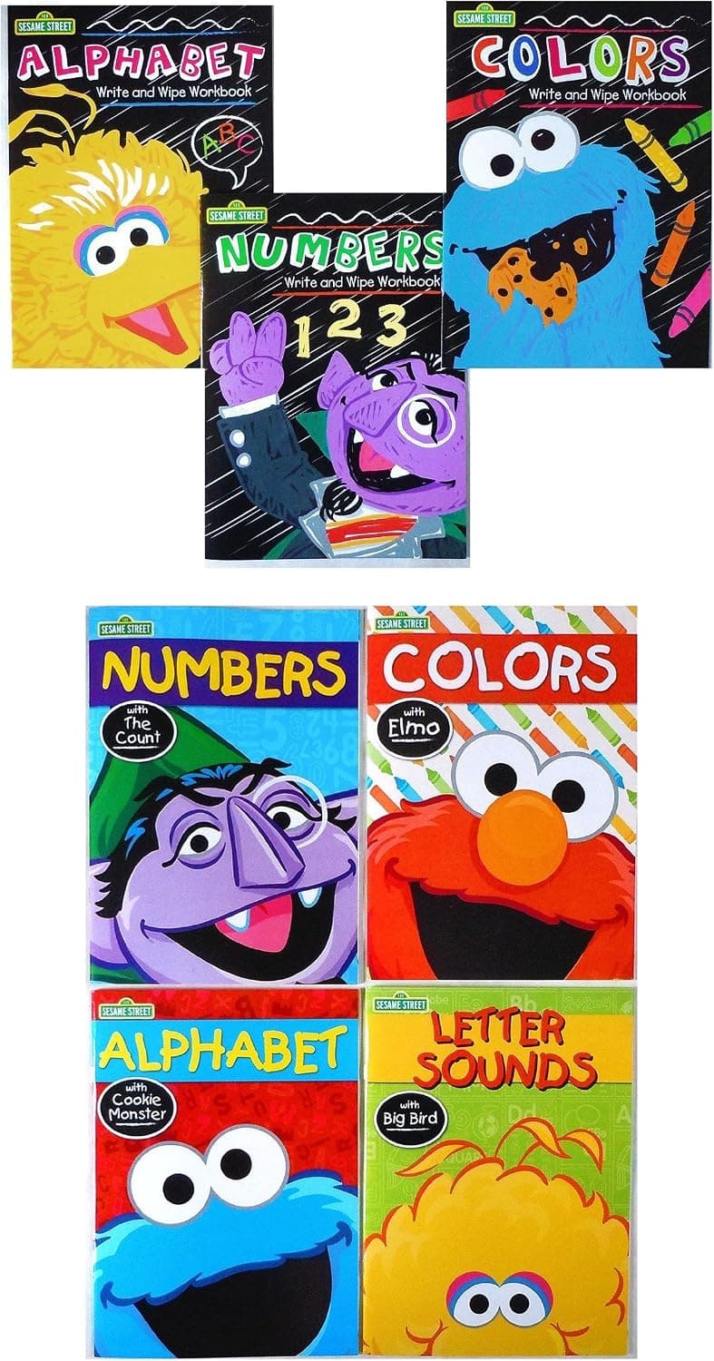 Sesame Street Set of 7 Books Includes Set of 3 Write and Wipe Workbooks & Set of 4 Paper Workbooks