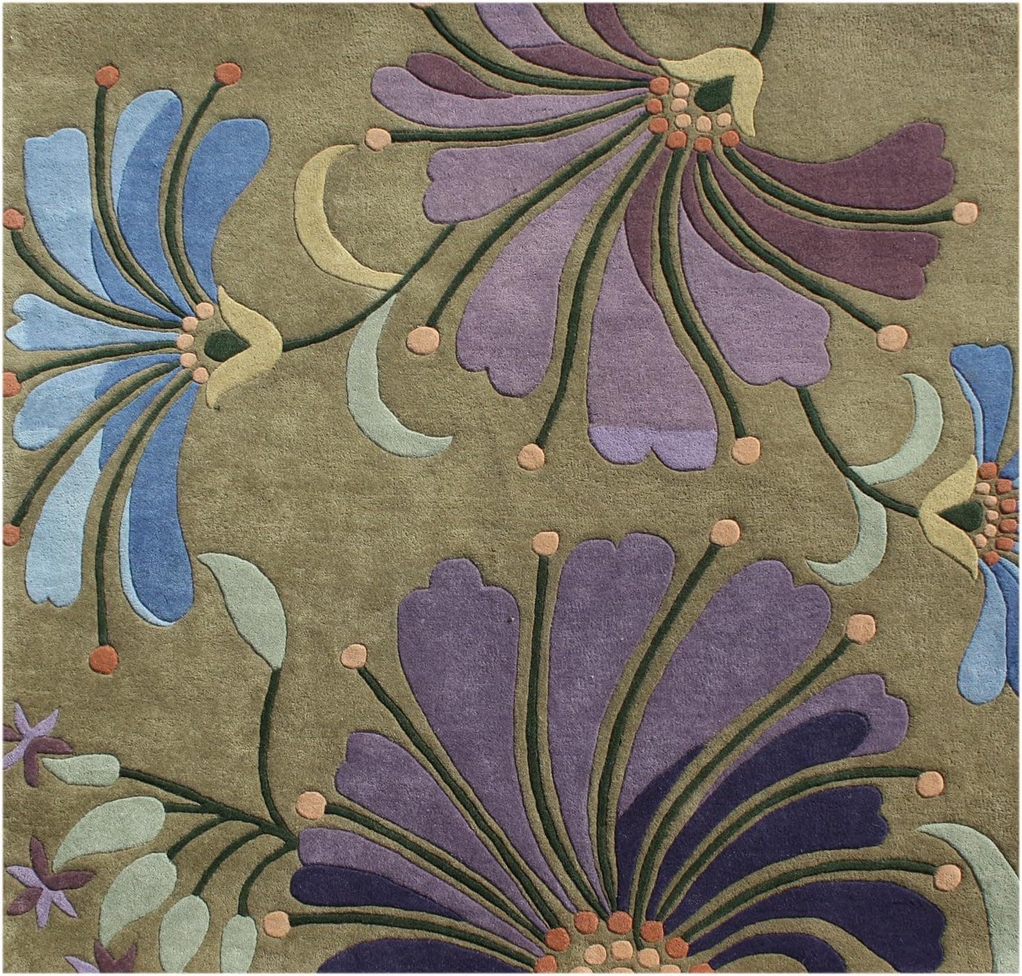 ZnZ Rugs Gallery, 26065_6Ft Sq, Hand Made Khaki Green New Zealand Blend Wool Rug, 1, Blue, Forest Green, Light Purple, Dark Purple, 6Ft Sq'
