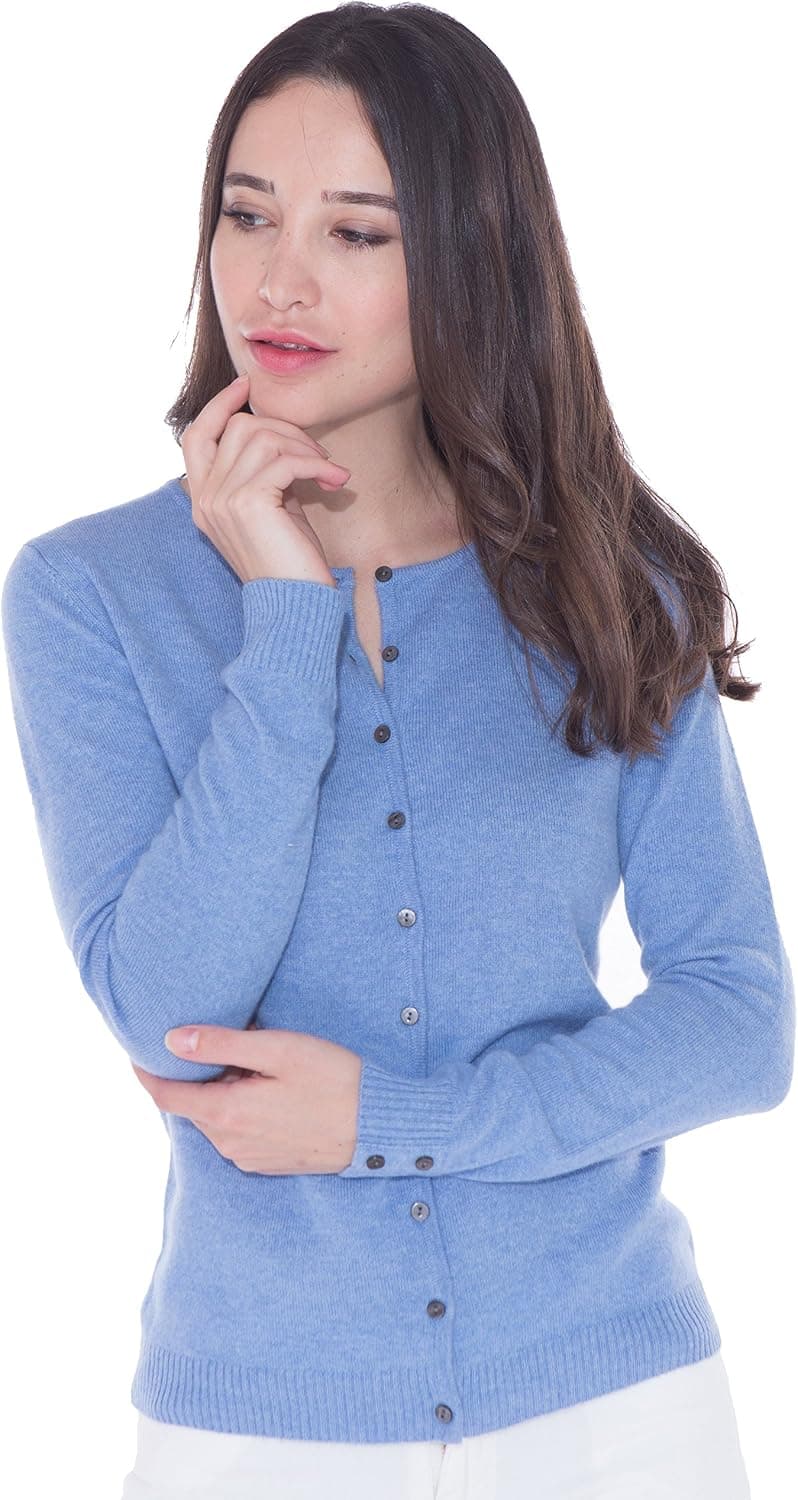 cashmere 4 U 100% Women's Cashmere Button Front Long Sleeve Crewneck Cardigan Sweater