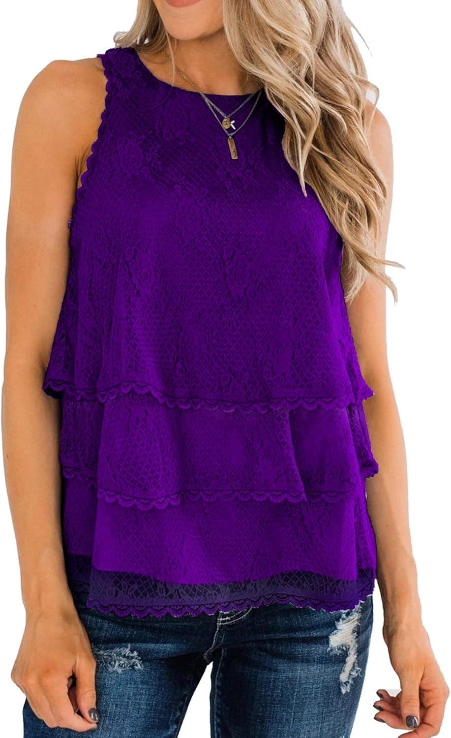 MIHOLL Womens Summer Casual Sleeveless Tops Lace Ruffle Loose Shirts Tank Tops