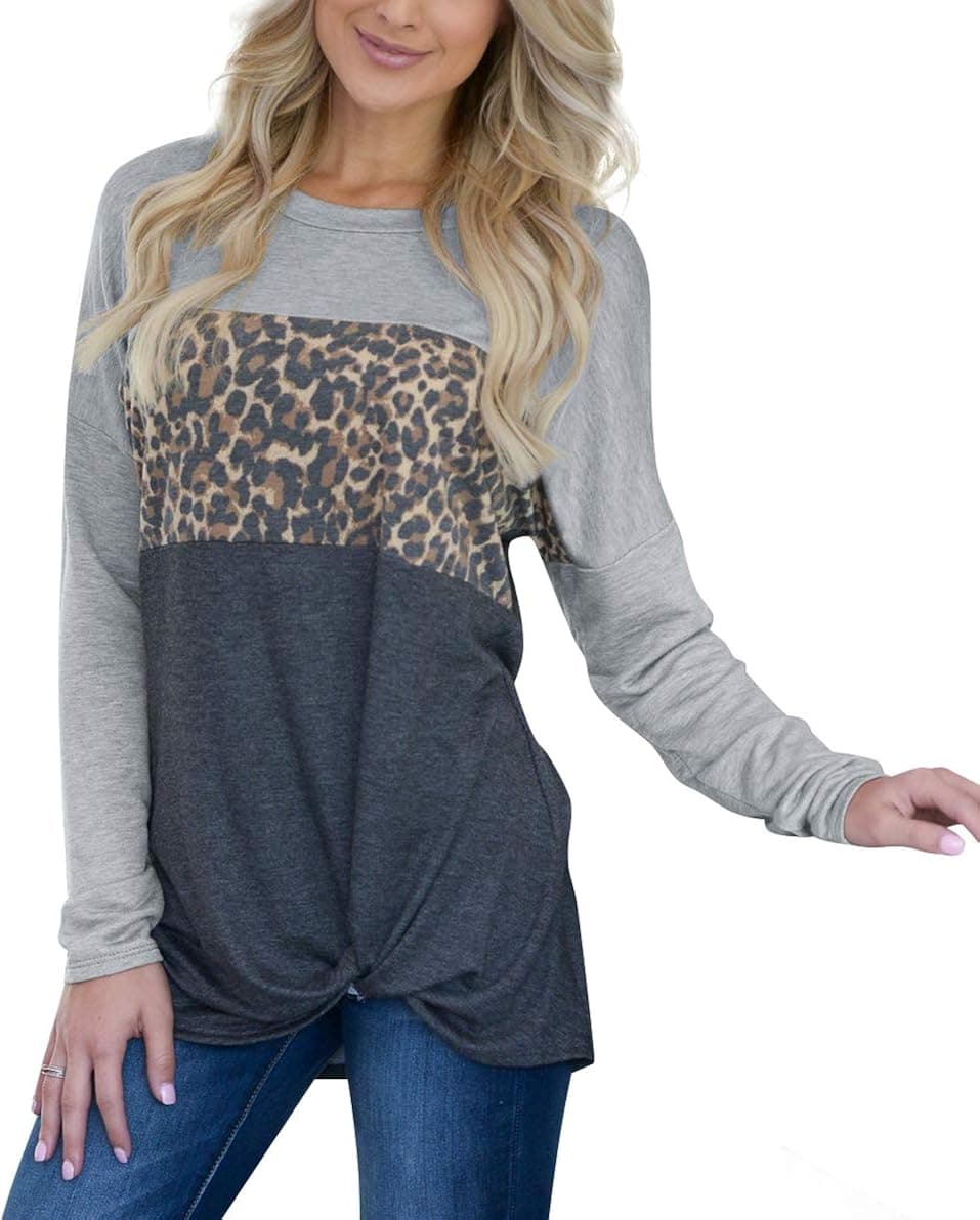 Women Leopard Patwork Blouse Color Block Twist Knot Tunic Pullover Long Sleeve O-Neck Casual Shirt Tee Tops… Grey