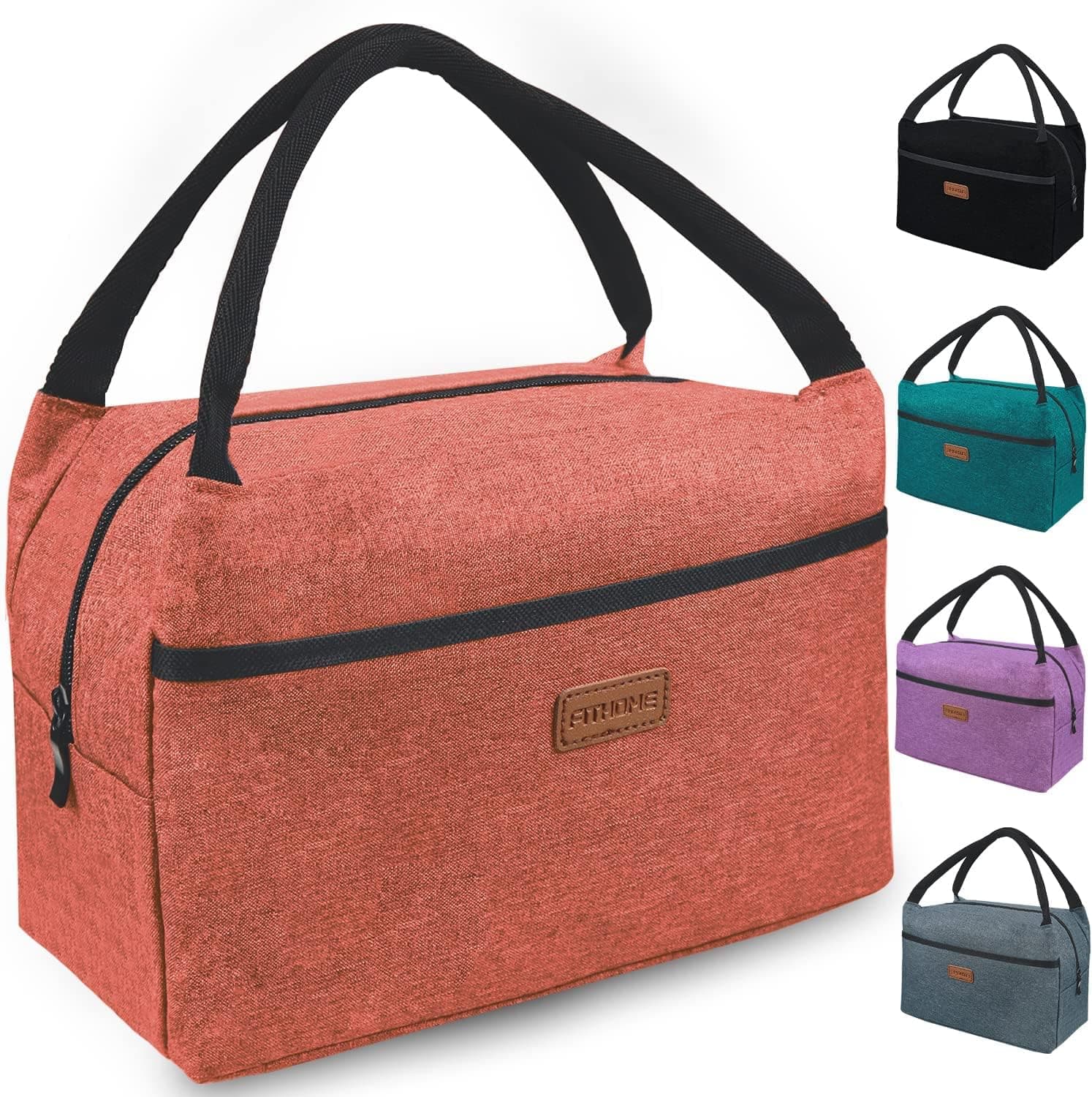 FITHOME Insulate Cooler Bento Lunch Bags for Adults Women Simple Reusable Durable Thermal Lunch Tote Bags for Men Work Picnic Brick Red