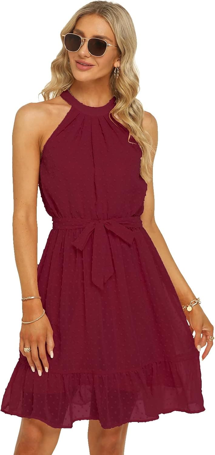 MEIZHINV Women’s Summer Floral Casual Dress Sleeveless Halter Neck Backless Ruffle Short Boho Sundress with Belt