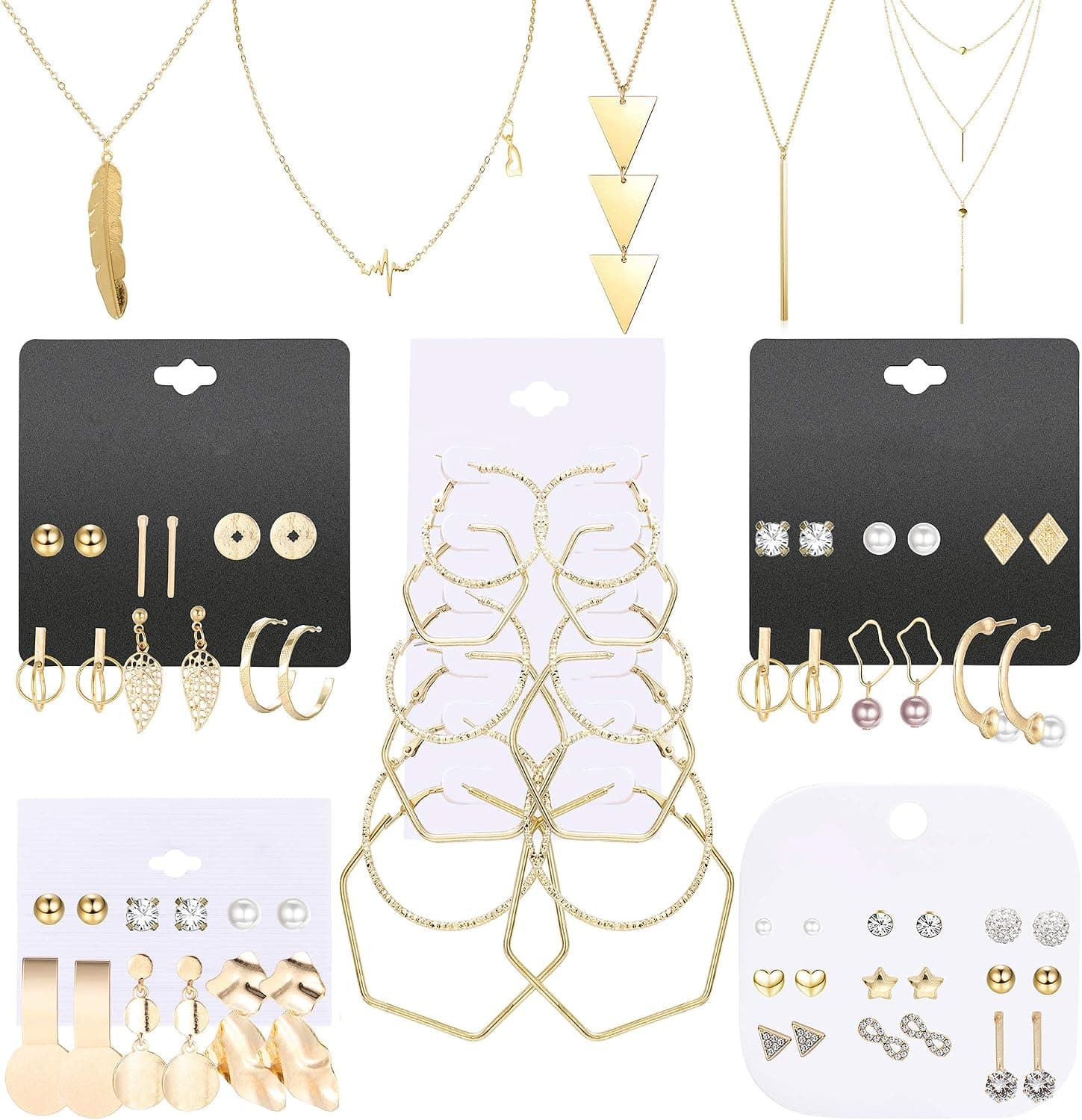 Fiasaso 38 PCS Assorted Multiple Necklace and Earrings Jewelry Set for Women with 33 Pairs Ball Dangle Hoop Stud Earrings and 5 PCS Layered Necklace Retro and Fashion Jewelry
