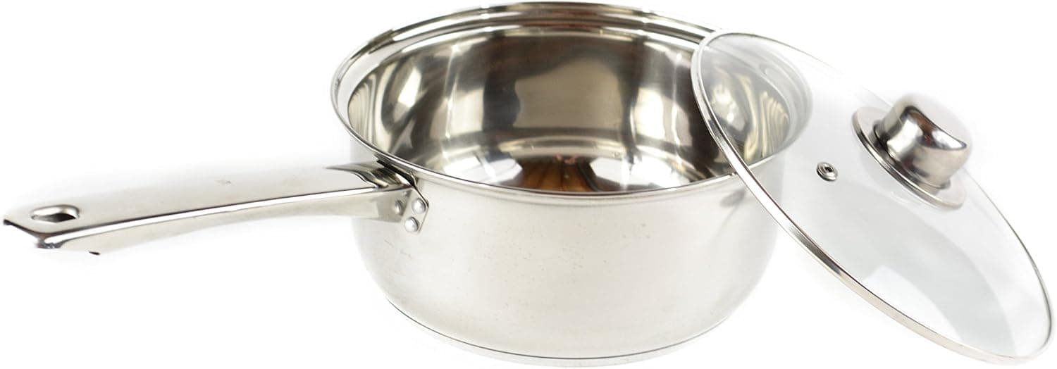 Gourmet Chef 1-Quart Stainless Steel Stock Sauce Pan with Glass Lid Kitchen Basics - Small Saucepan with Capsulated Even Heat Base, Vented Hole on Cover, Dishwasher Safe, and Stay-Cool Riveted Handles