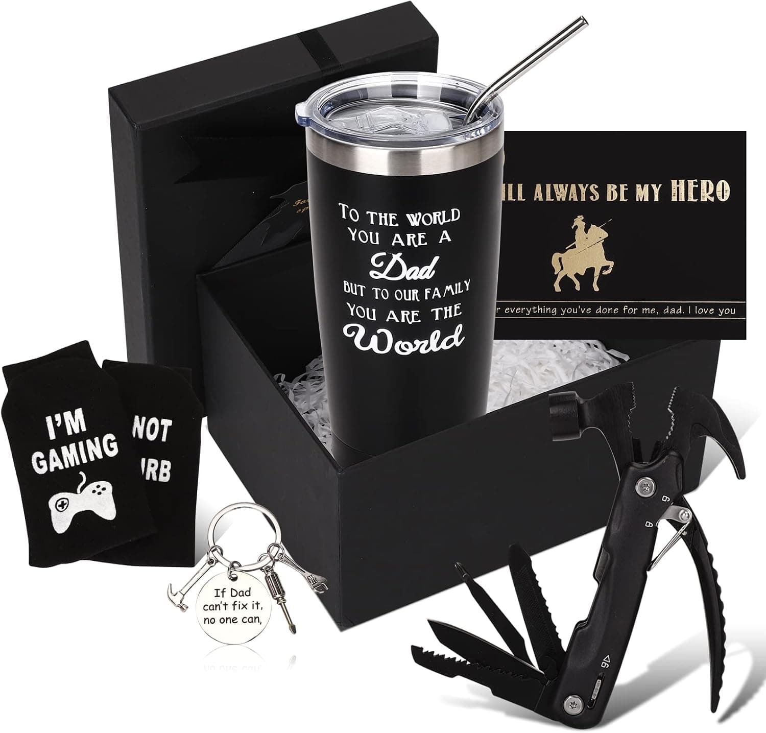Gifts for Dad, Dad Birthday Gifts from Daughter Son Kids, Fathers Day Anniversary Christmas Presents for Dad, Men, Grandpa -20Oz Tumbler, All in one Multitool Hammer,Funny Sock Set