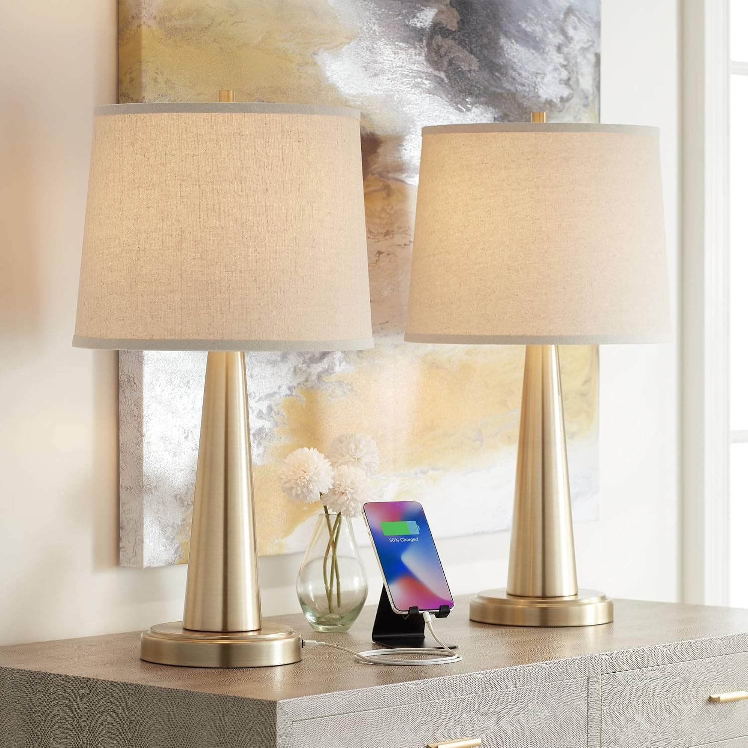 360 Lighting Karla Modern Table Lamps 25" Tall Set of 2 with USB Charging Port Brass Gold Metal Beige Fabric Drum Shade for Bedroom Living Room House Desk Bedside Nightstand Office Family