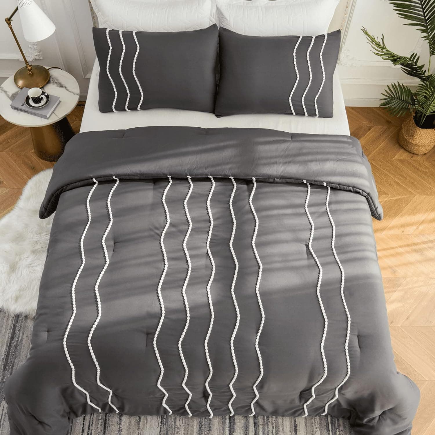 Auemtyn Pompom Lace Comforter Set 3 Pieces, Boho Soft Microfiber Lightweight Comforter with 2 Pillow Shams, All Season Down Alternative King Comforter Set for Bedding, Dark Gray