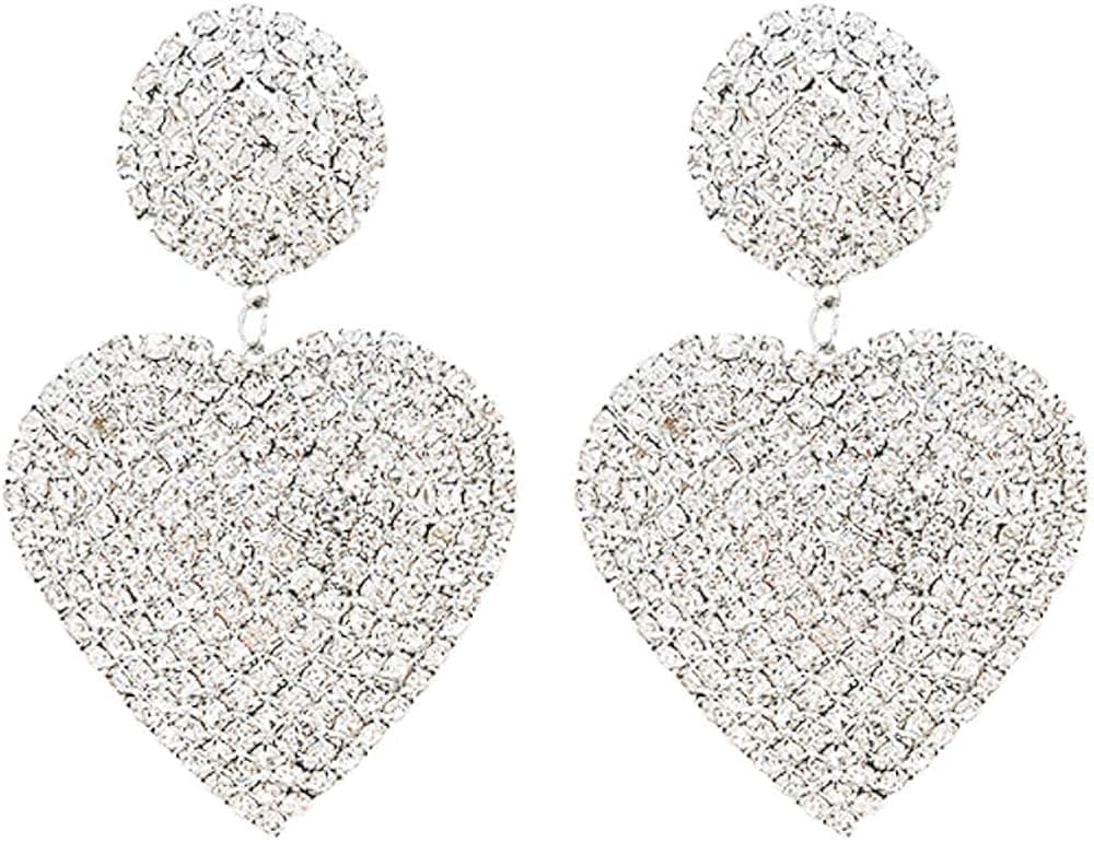 Round Crystal Love Heart Silver Tone Drop Dangle Statement Earrings Bold Fashion Jewelry KELMALL COLLECTION