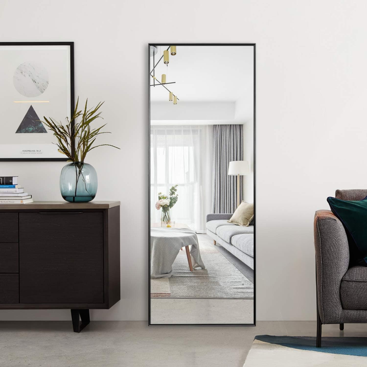 Yetudo Full Length Mirror Dressing Mirror Floor Mirror with Standing Holder 59"x20" Large Rectangle Bedroom Mirror Wall-Mounted Mirror Leaning Against The Wall (59"x20" (with Standing Holder), Black)