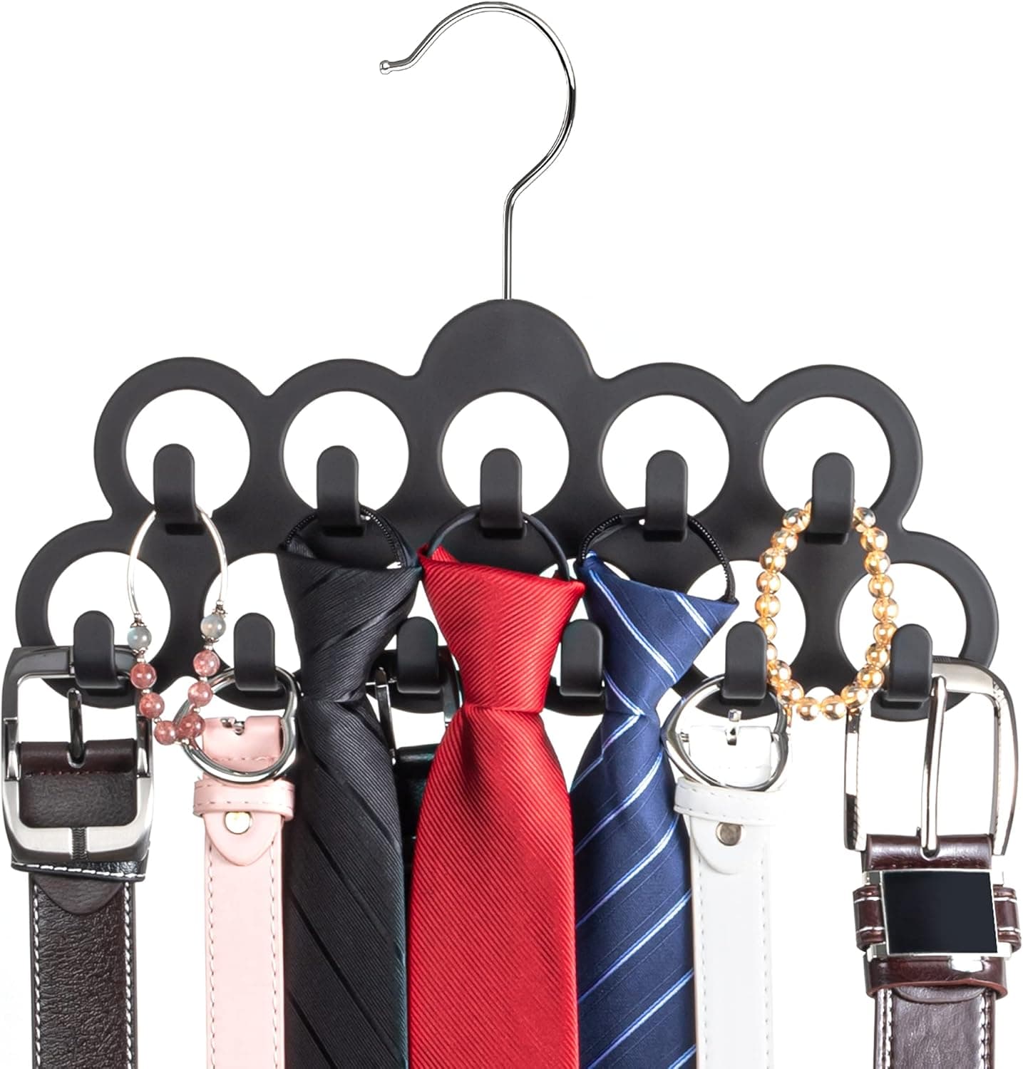 SMARTAKE Belt Hanger, 11 Loops Tie Rack with Hooks, 360 Degree Rotatable Belt Organizer, Non-Slip Durable Hanging Closet Accessories Holder for Leather Belts, Ties, Scarves, Bags, Hats, Jewelry