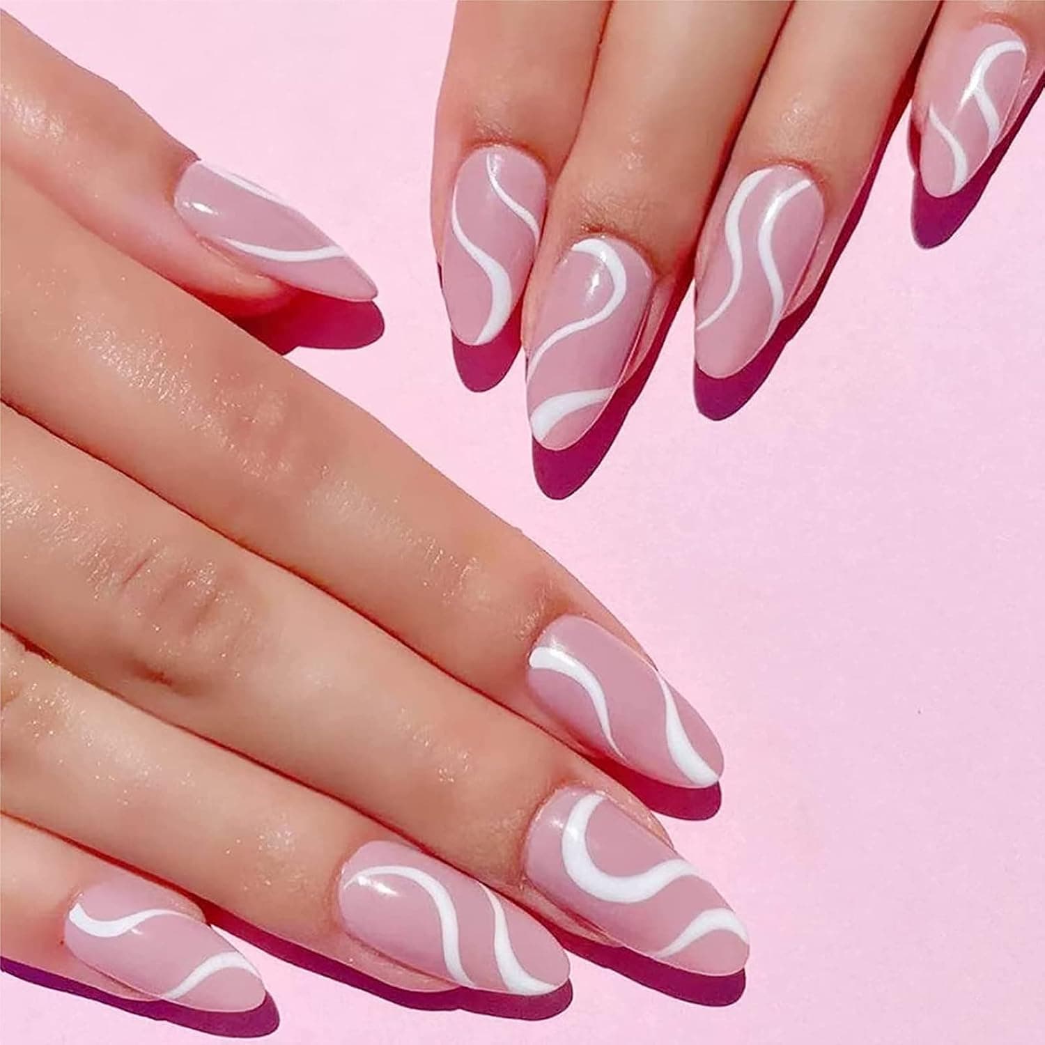 24PCS Press On Nails Medium Almond Fake Nails Acrylic False Nails UV Glossy Swirls Design Nude Pink Nails