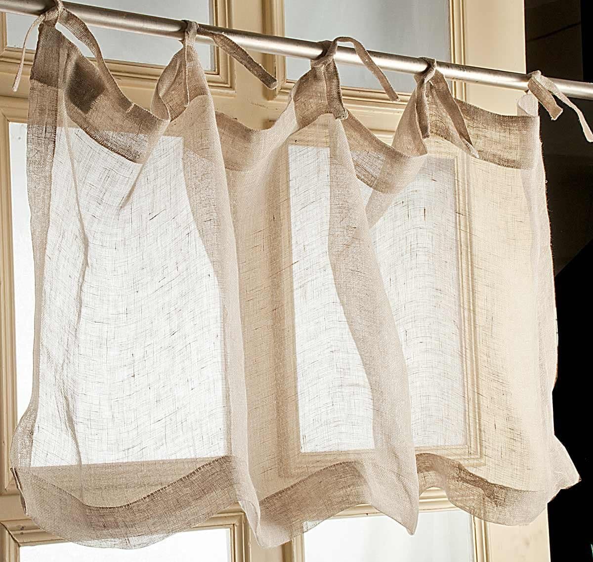 Hand Made Natural Toned Organic Linen Gauze or Sheer tie top 18" Drop Window Valance