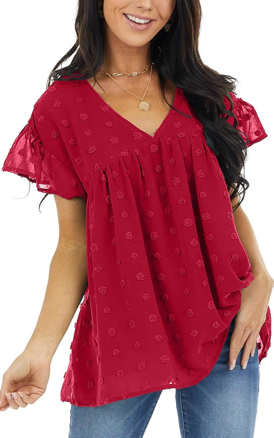 ECOWISH Womens V Neck Chiffon Blouses Casual Balloon Sleeve Floral Print Shirts Tops