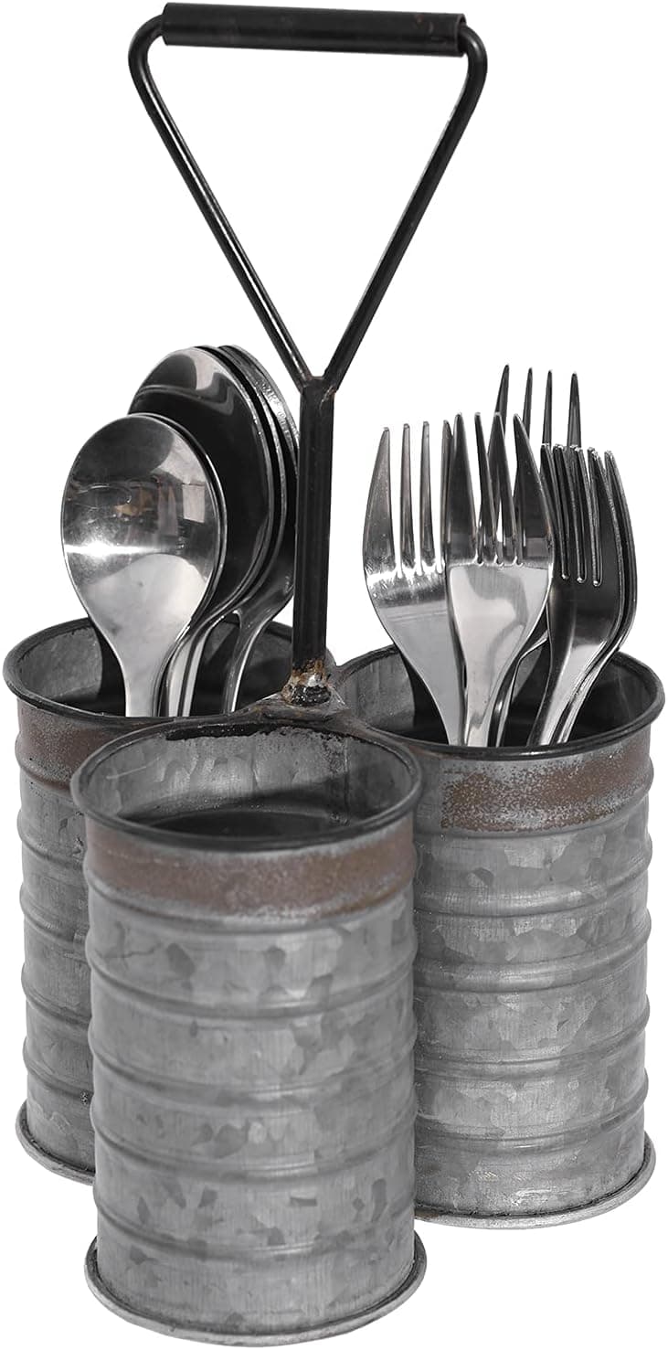 MyGift Galvanized Metal Flatware Holder for Party with Handle, 3 Compartment Picnic Utensil Holder Caddy